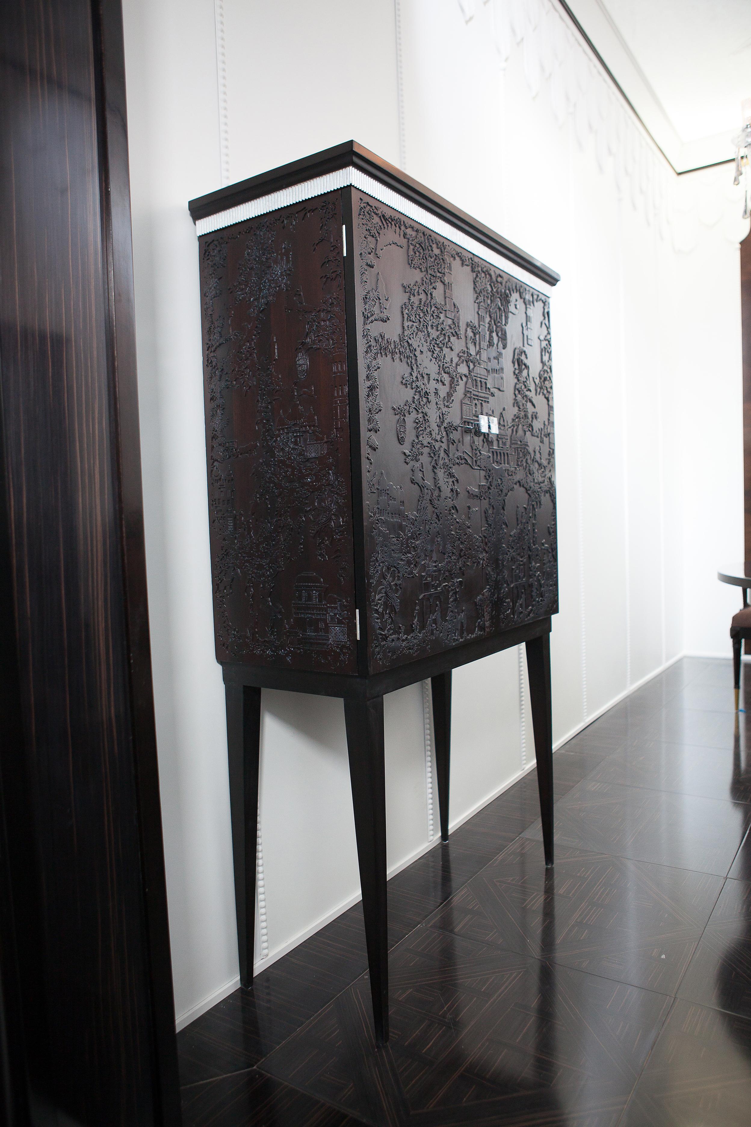 Hong Kong Dark Wine Bar Cabinet in Neoclassical Style with Three Sides Carving For Sale