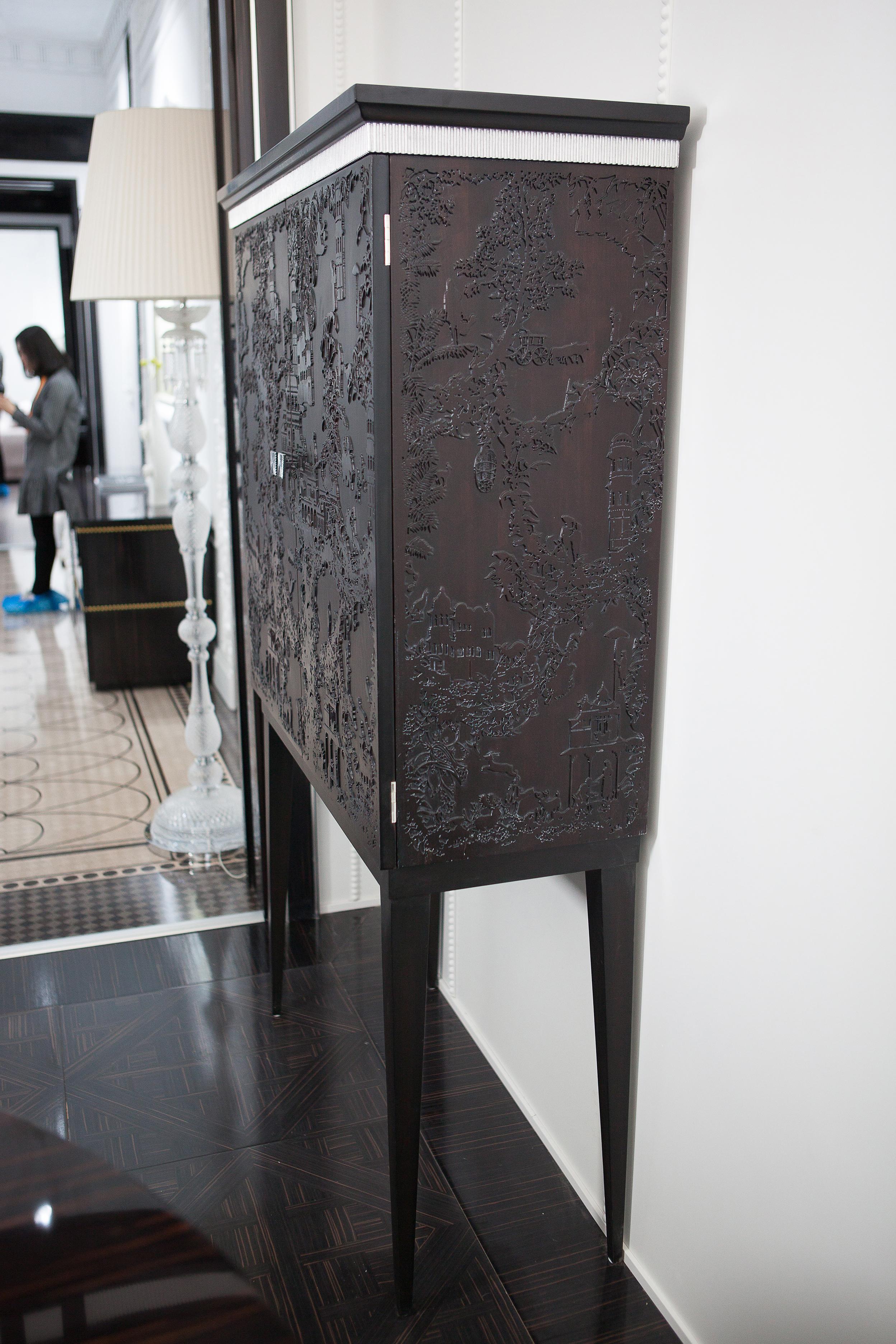 Hand-Carved Dark Wine Bar Cabinet in Neoclassical Style with Three Sides Carving For Sale
