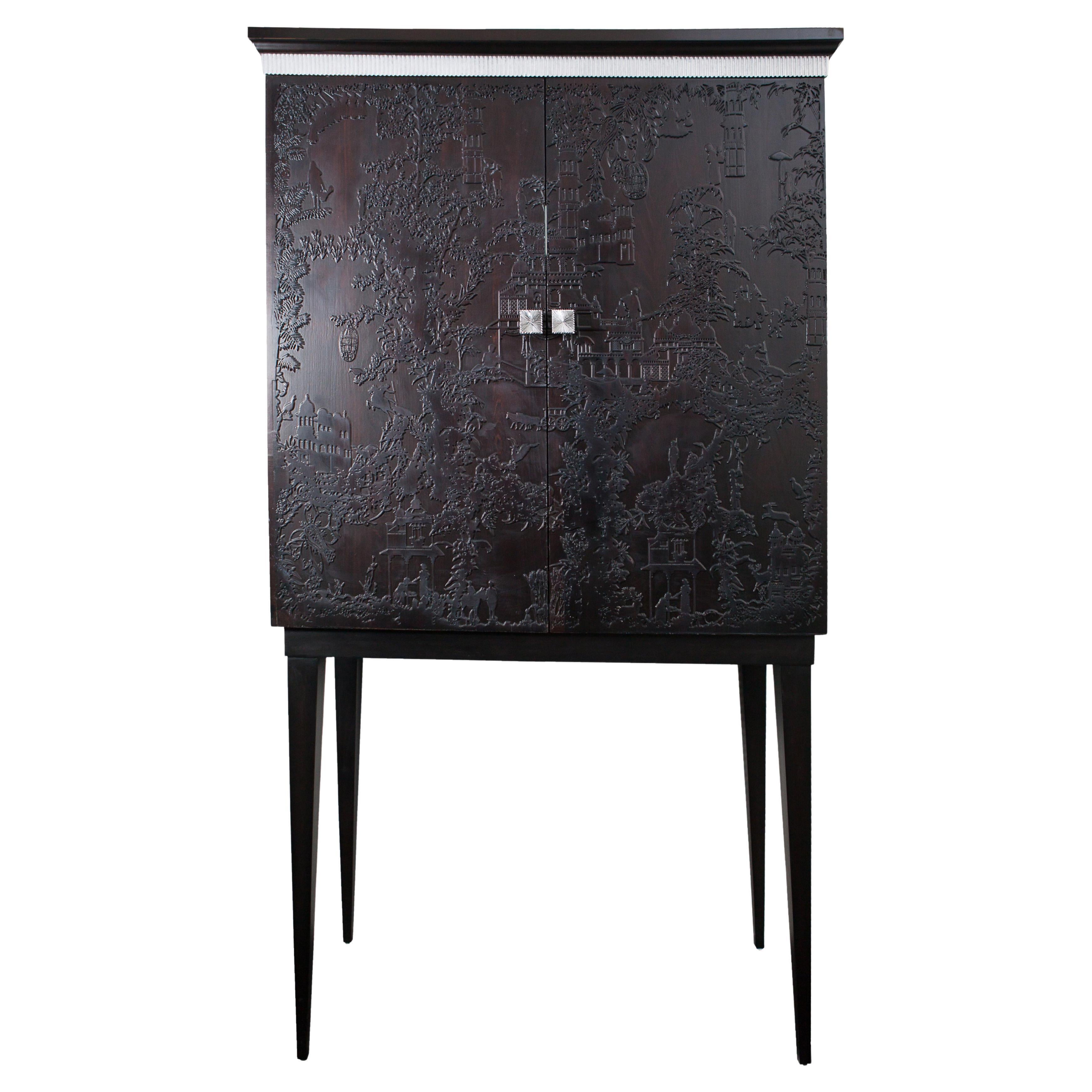 Dark Wine Bar Cabinet in Neoclassical Style with Three Sides Carving For Sale