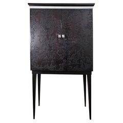 Dark Wine Bar Cabinet in Neoclassical Style with Three Sides Carving