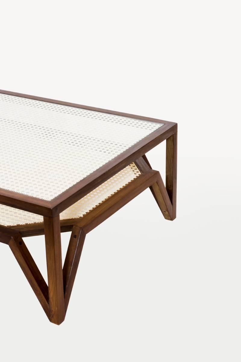 Brazilian Coffee Table in Dark Hardwood and Woven Cane. Contemporary Design. For Sale