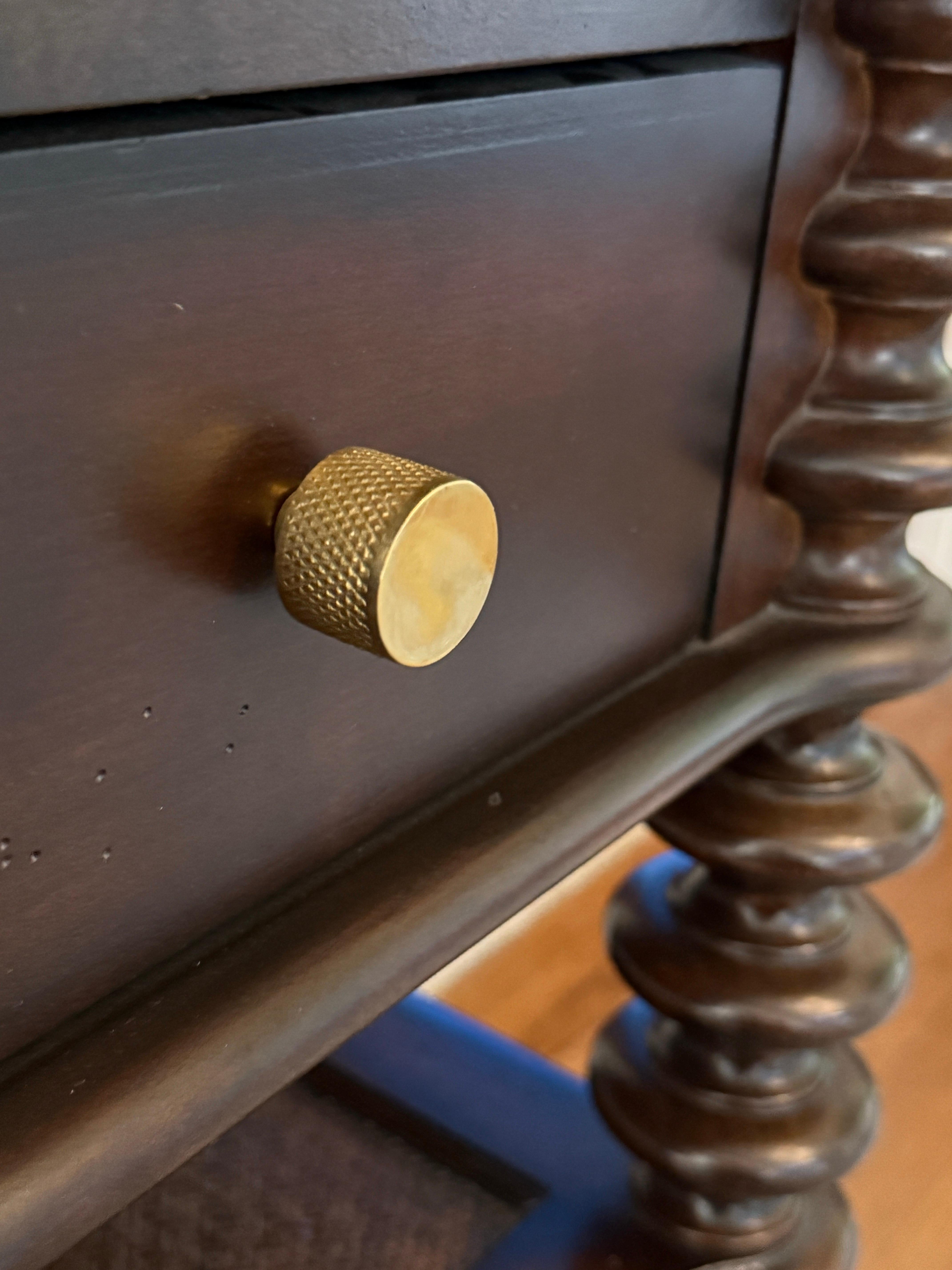 Brass Dark Wood Console and Secretary Desk With Spindle Legs For Sale