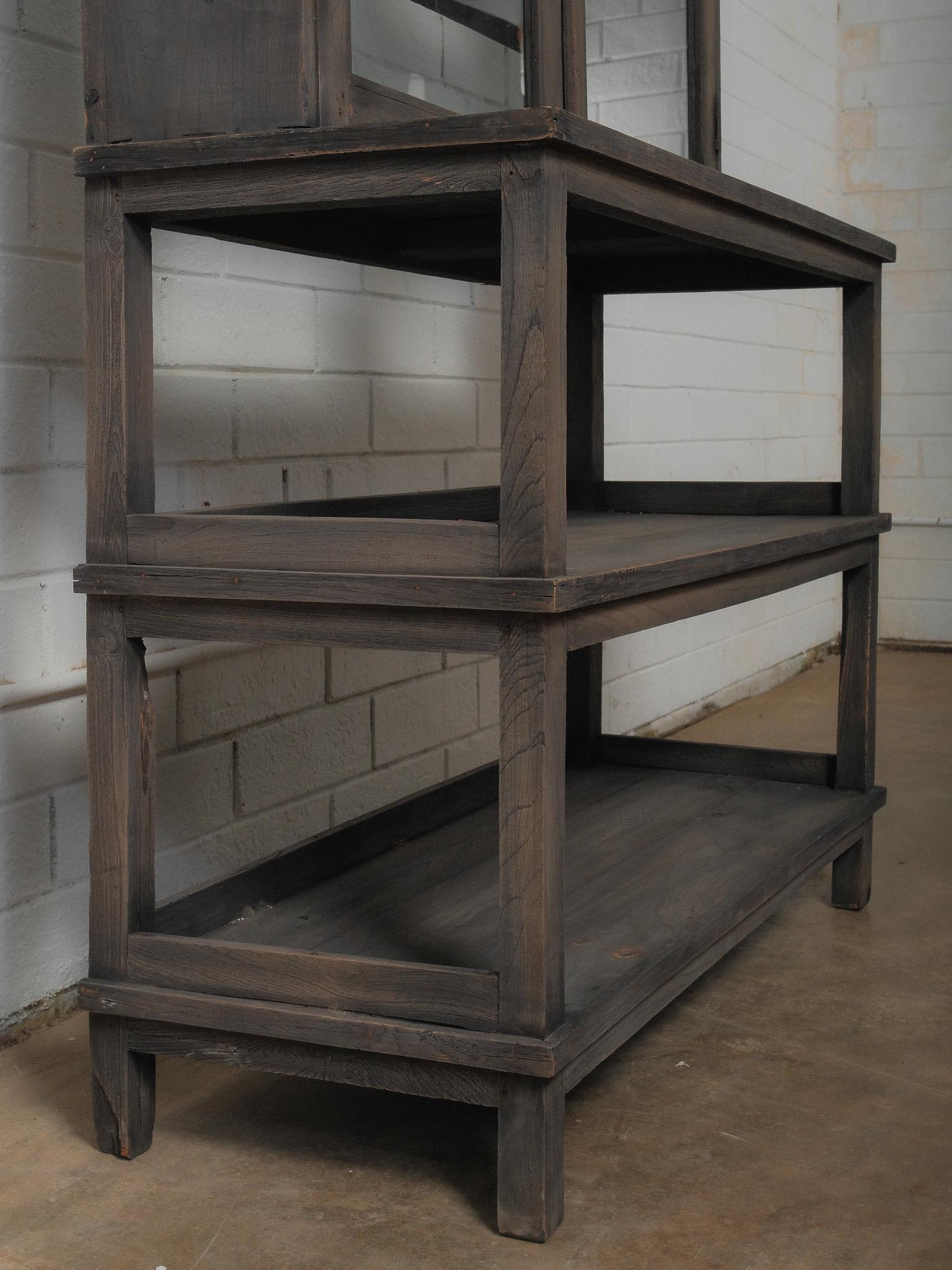 Dark Wood Glass-Front Cabinet on Tiered Open Base For Sale 3