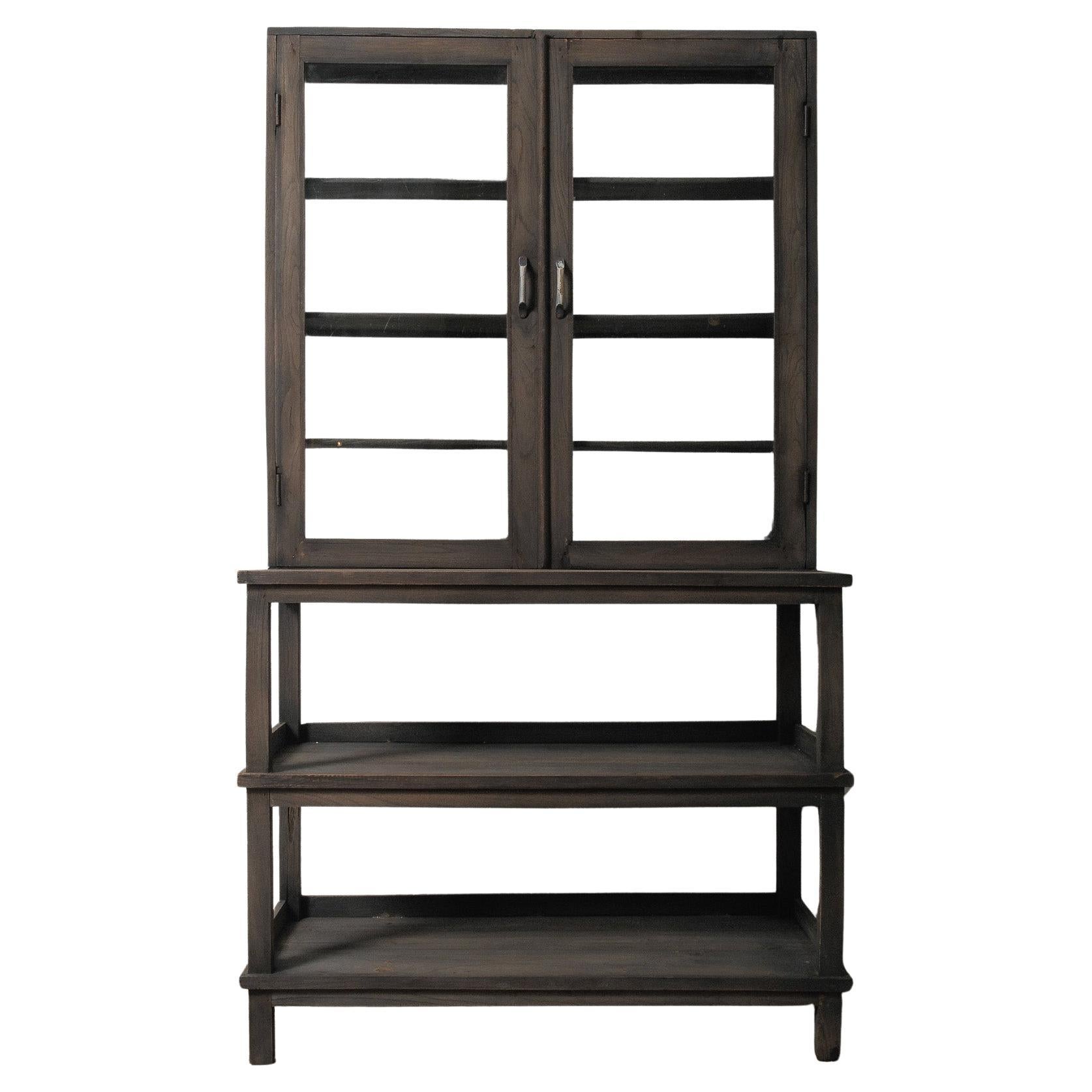 Dark Wood Glass-Front Cabinet on Tiered Open Base For Sale