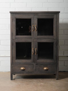 Dark Wood Glass-Front Cabinet with Brass Hardware and Dual Lower Drawers