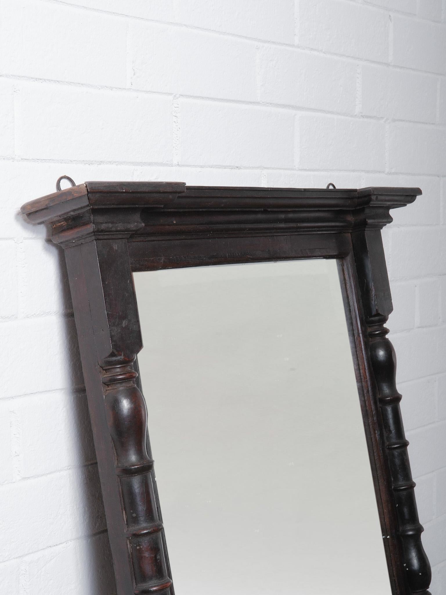 Rustic Dark Wood Mirror Frame with Turned Columns For Sale