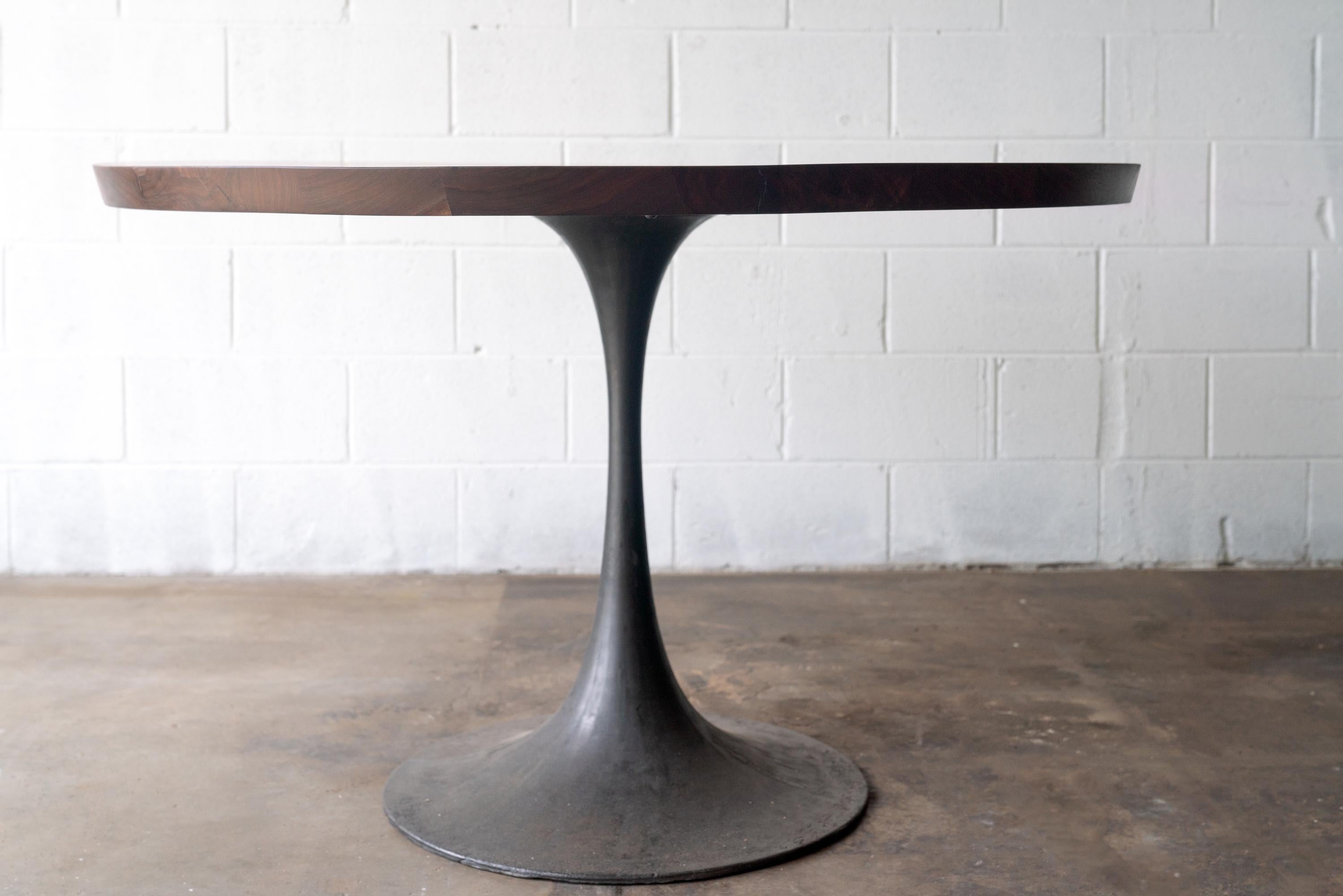 Mid-Century Modern Dark Wood Round Pedestal Base Dining Table Cast Iron Amicalola Base For Sale