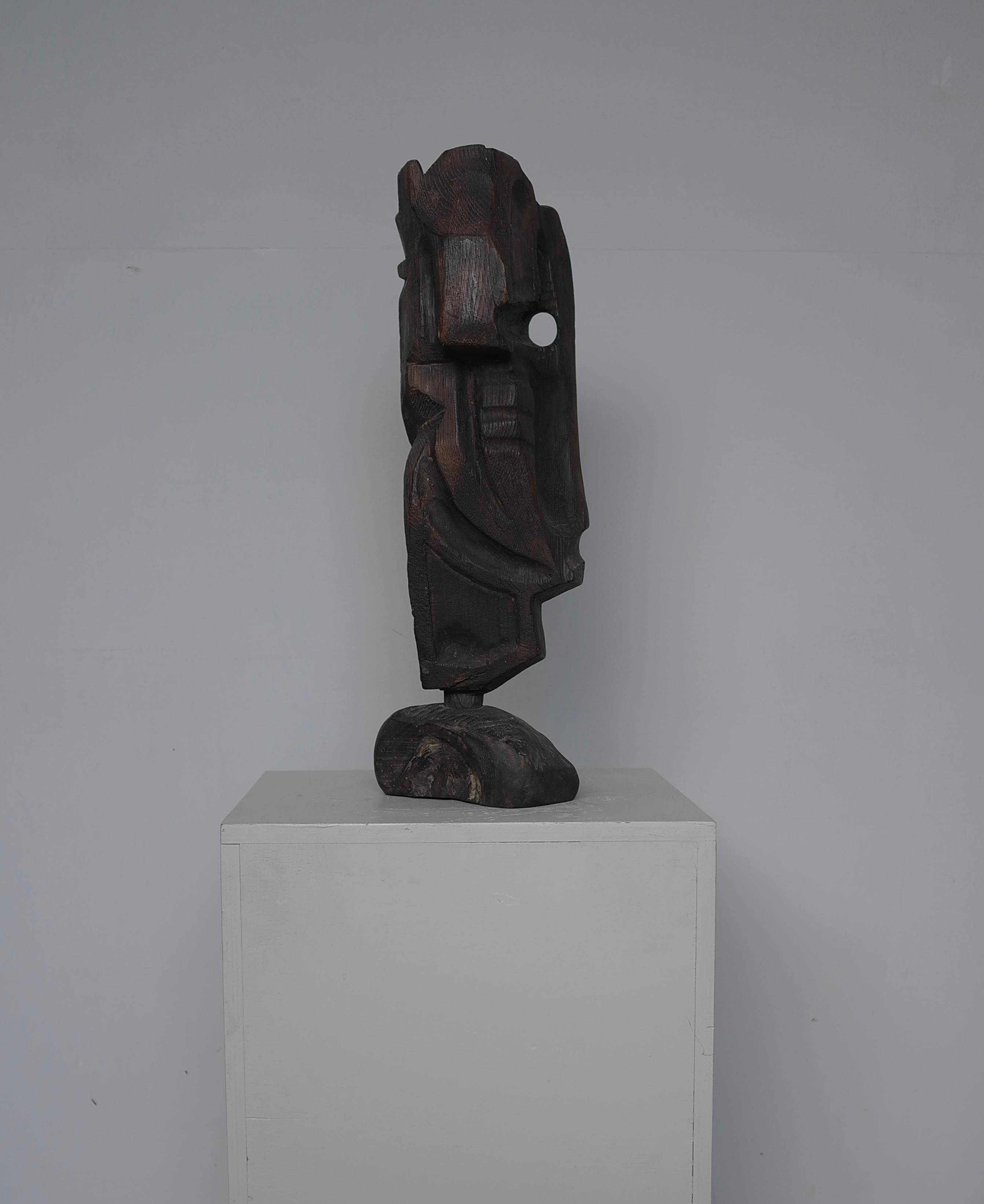 Néerlandais Dark Wooden Abstract Sculpture by Artist Jef Depassé Mid-Century Modern 1970 en vente