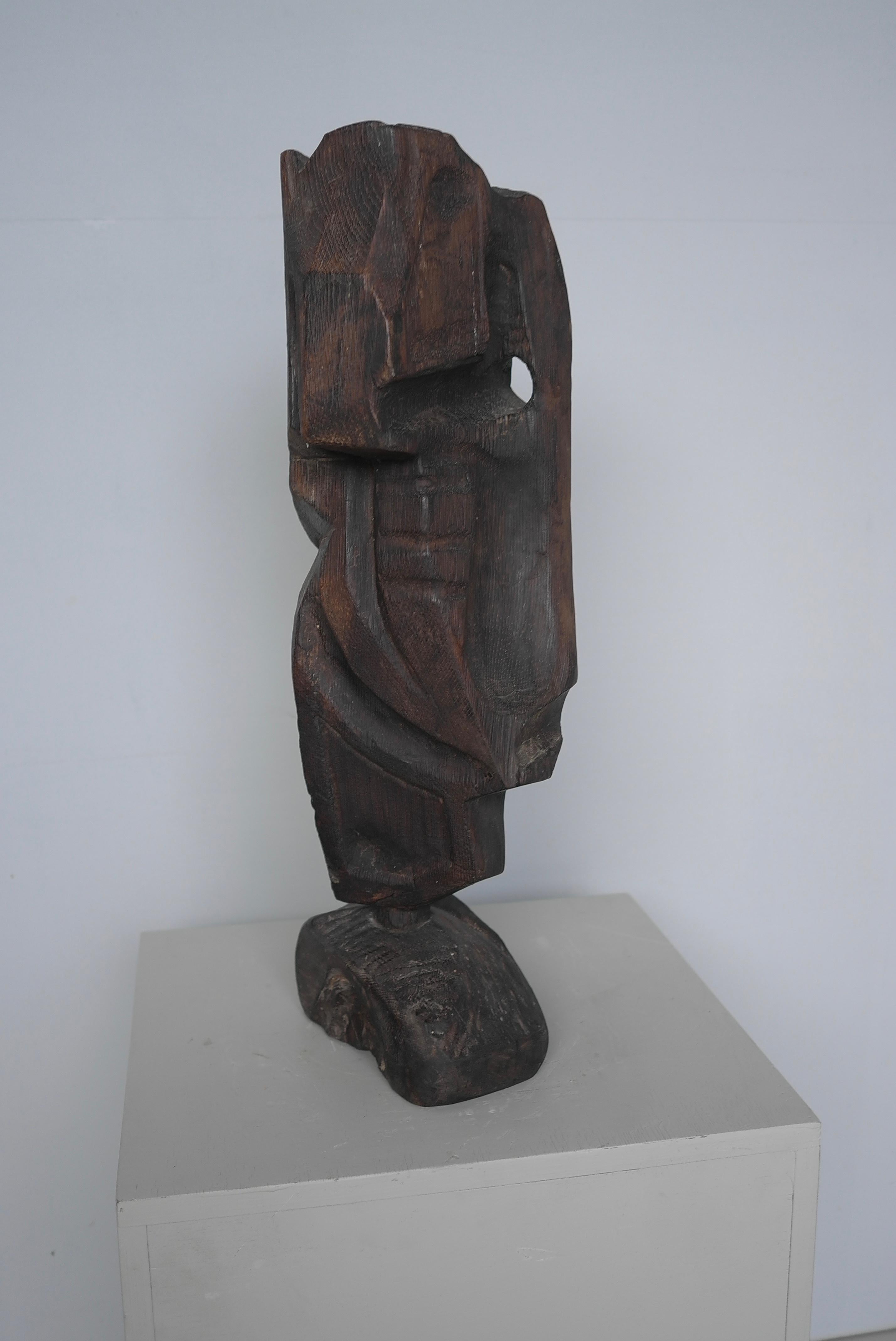 Sculpté à la main Dark Wooden Abstract Sculpture by Artist Jef Depassé Mid-Century Modern 1970 en vente