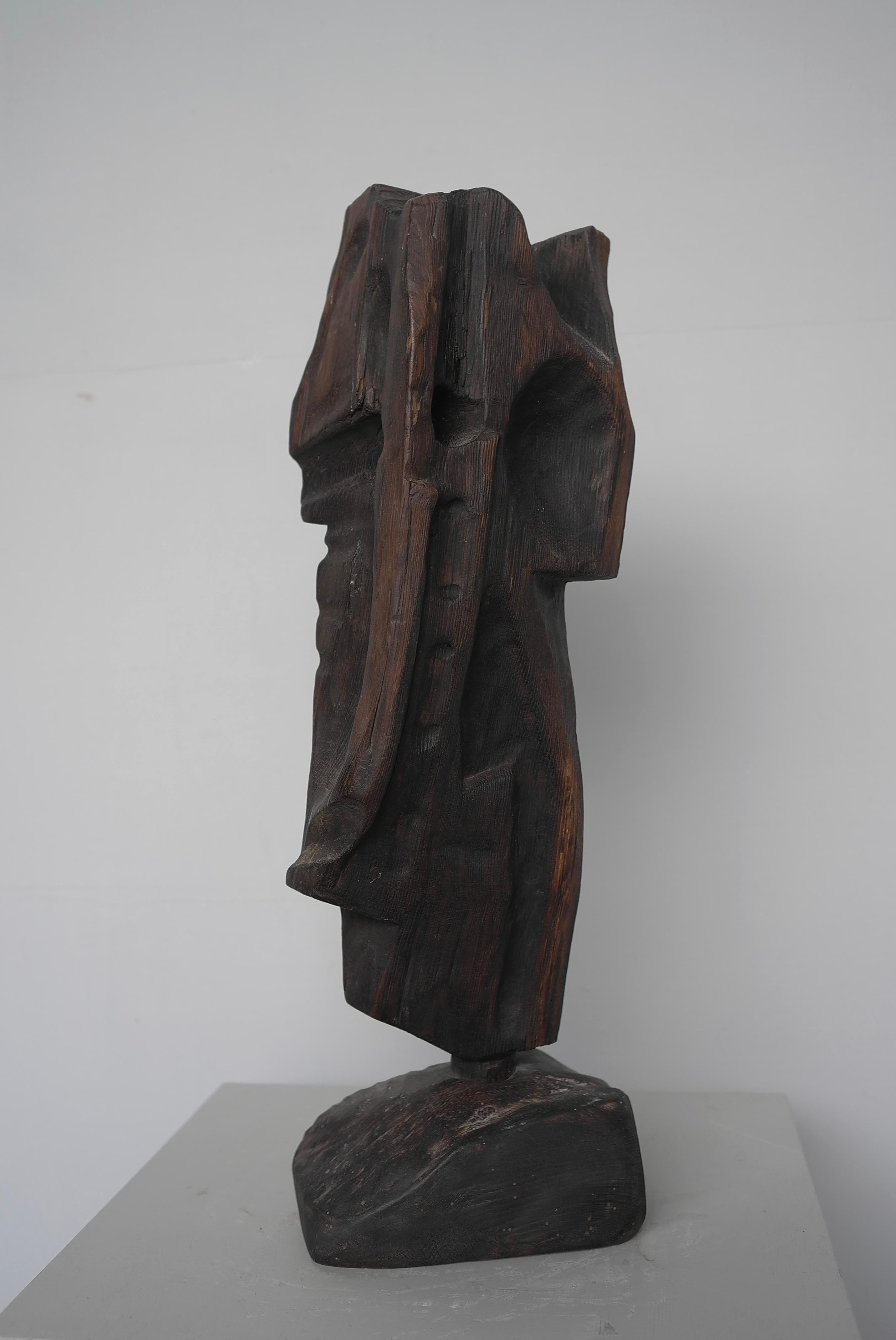 Dark Wooden Abstract Sculpture by Artist Jef Depassé Mid-Century Modern 1970 en vente 1