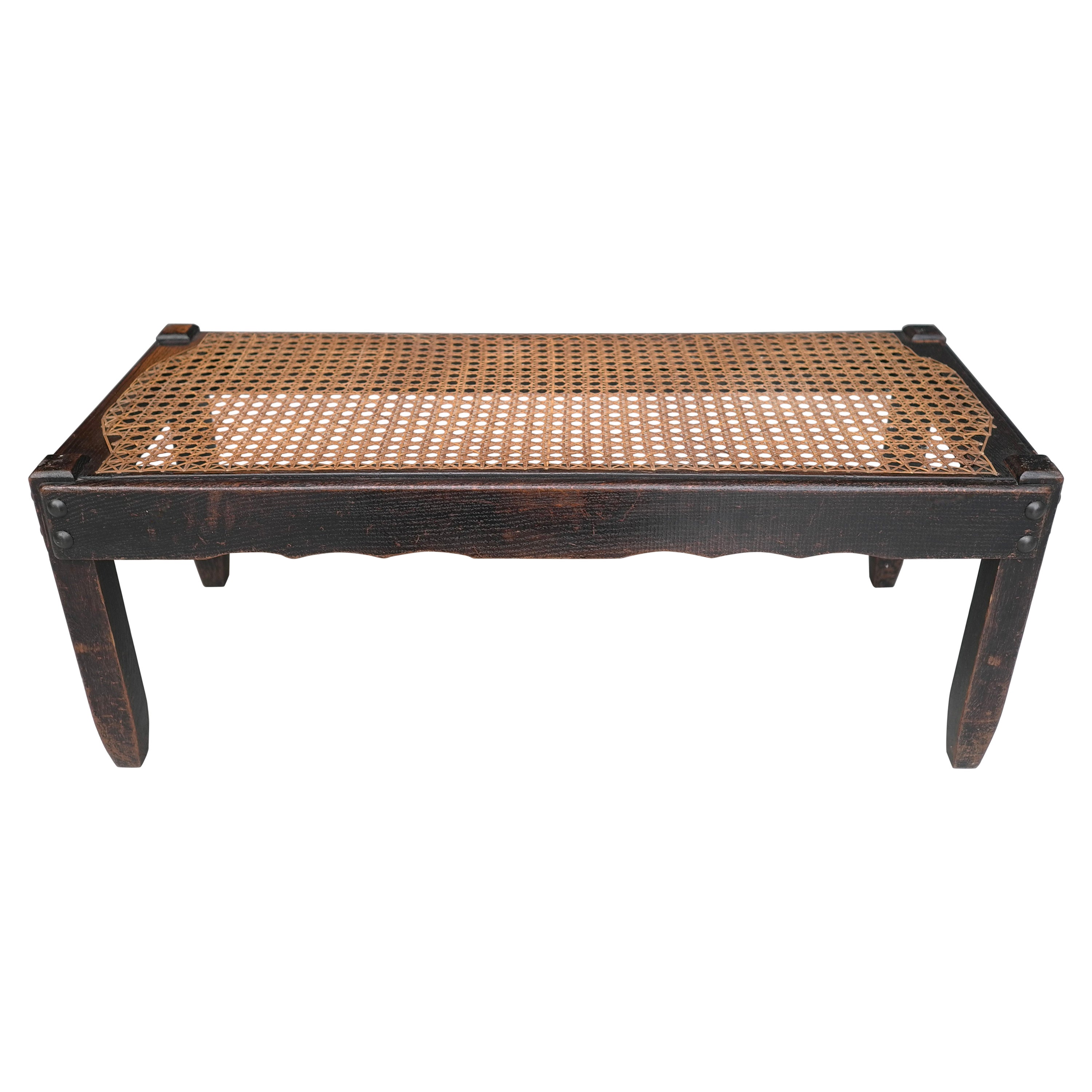 Dark Wooden Bench or Side Table with Cane Seat, France, 1930
s