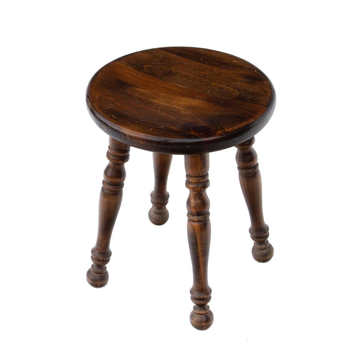 Rustic Dark Wooden Stool with Turned Legs For Sale