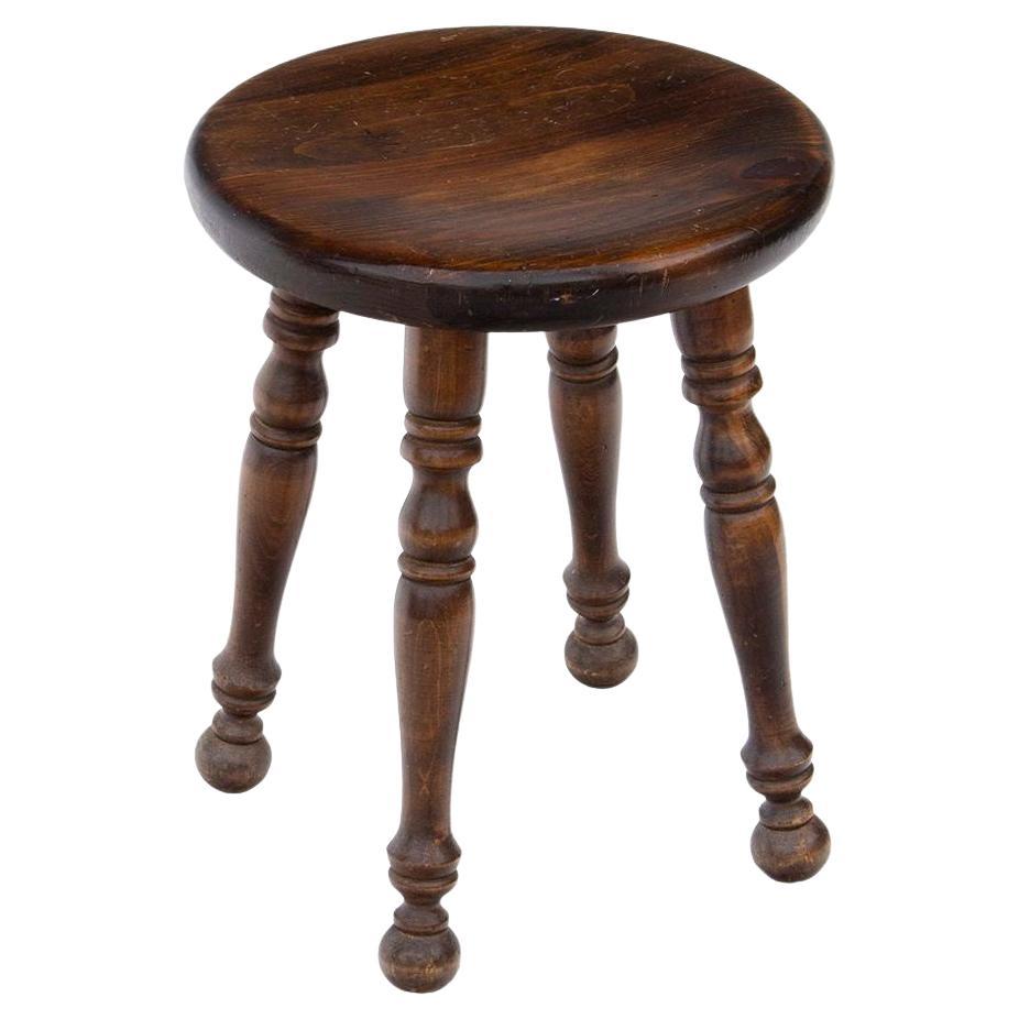 Dark Wooden Stool with Turned Legs For Sale