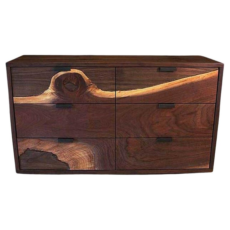 Organic Darkened Black Walnut Dresser with Black Metal Handles For Sale