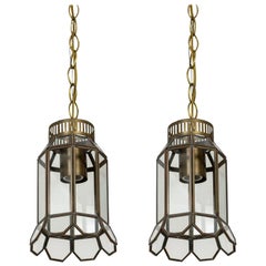 Antique Darkened Brass and Paned Glass Chimney Shade Pendant Lights 'Pair'