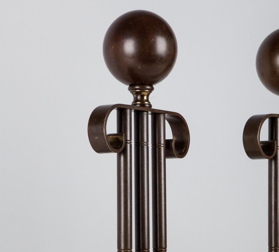 Patinated 1930s Vintage Fluted Ionic Column Andirons with Ball Finials in Darkened Brass For Sale