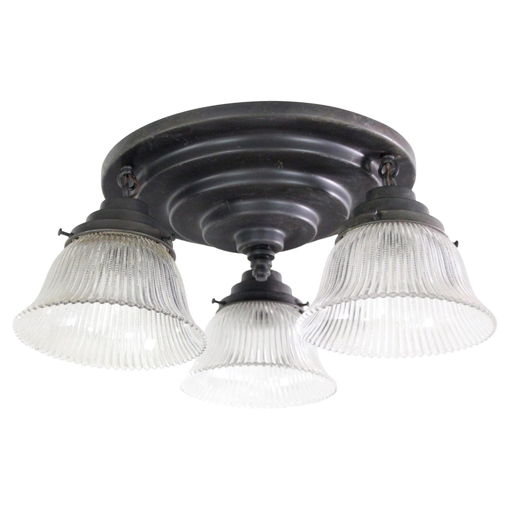 Darkened Brass Flush Mount Pan Light with Holophane Shades