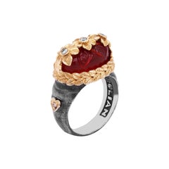 Darkened Silver and 18K Gold Flower Ring with Carved Carnelian Center Diamonds