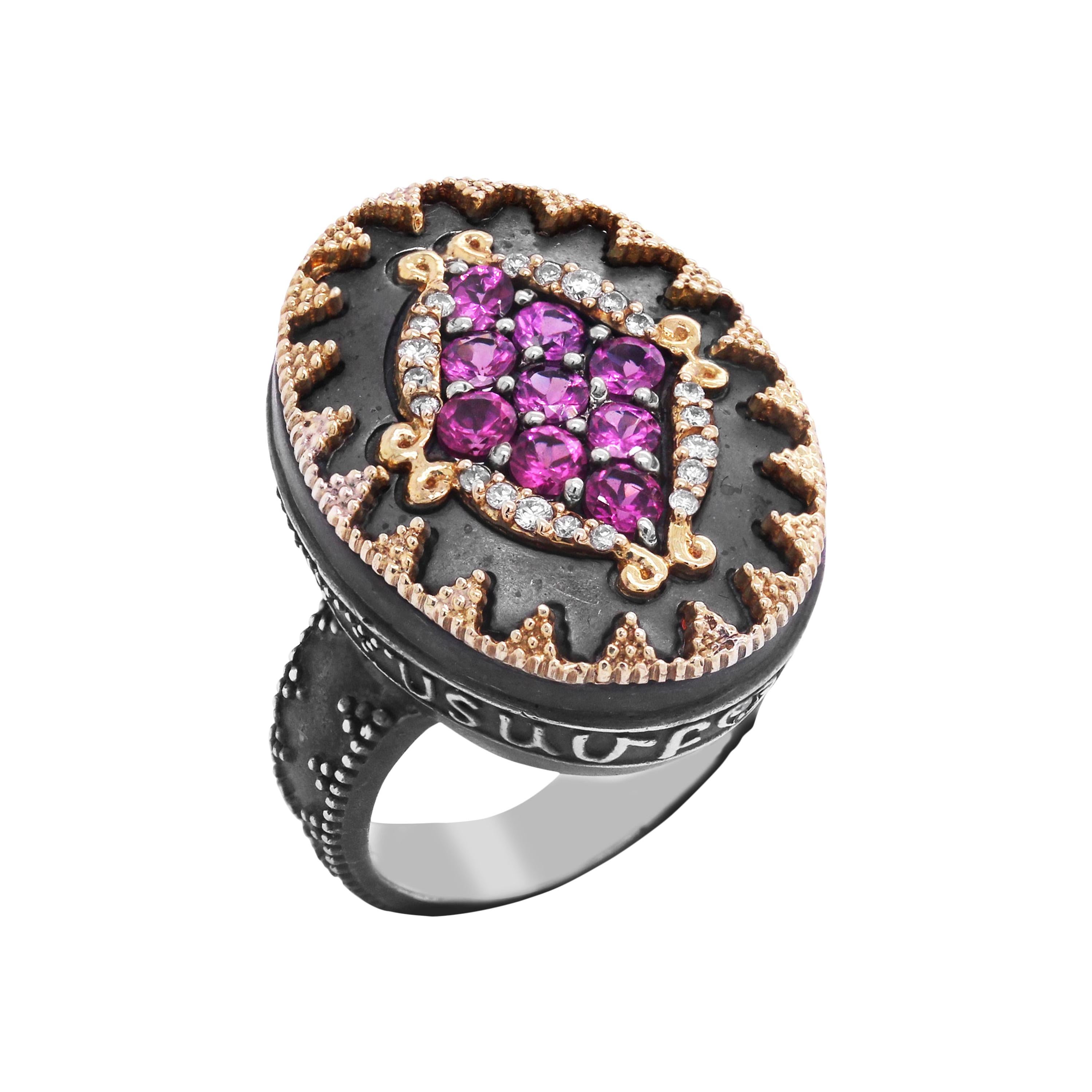 Darkened Silver and 18K Gold Oval Dome Ring with Magenta Garnet and Diamonds