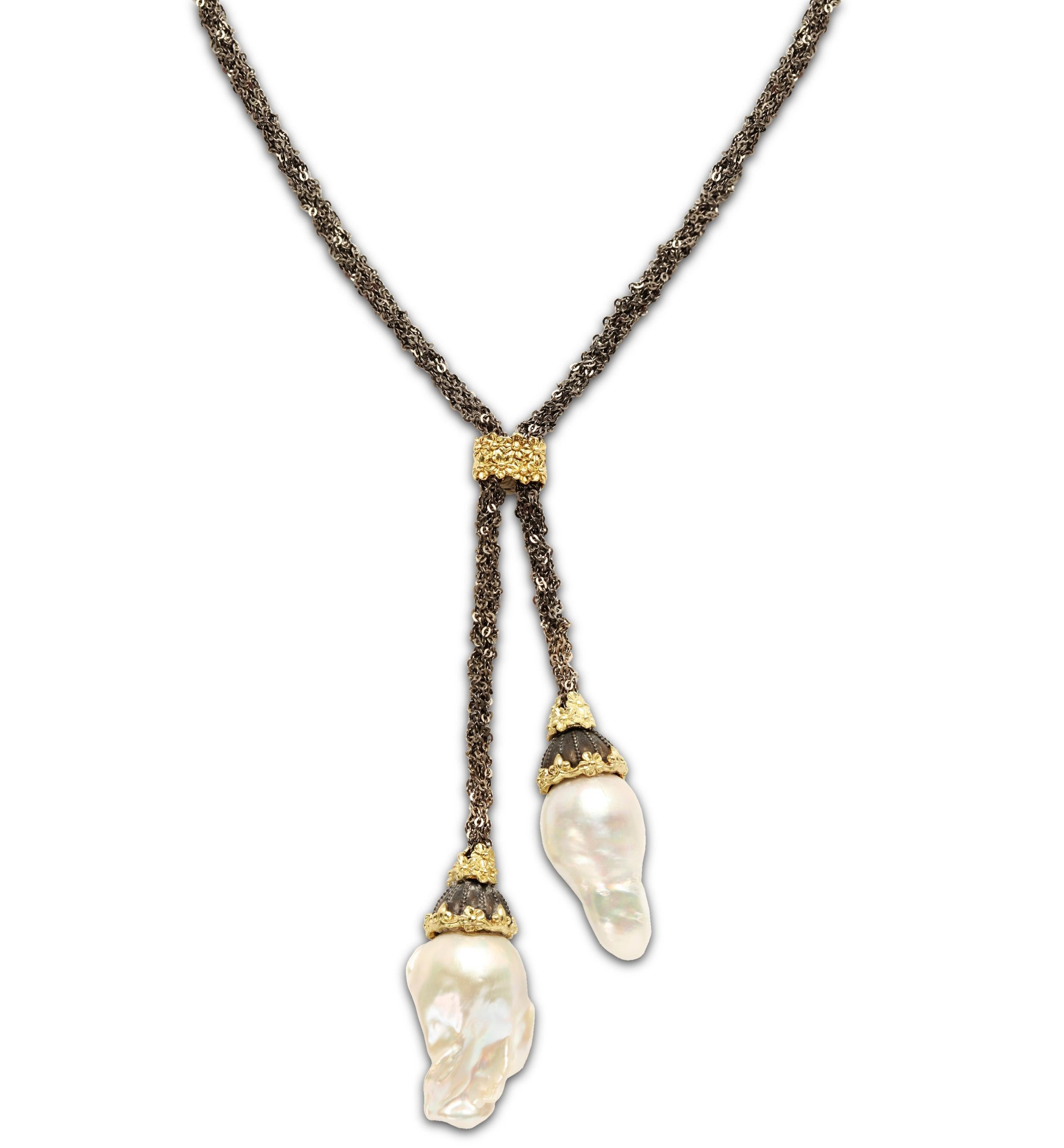 Mixed Cut Darkened Silver and Gold Lariat Necklace with Baroque Pearl Drops Stambolian