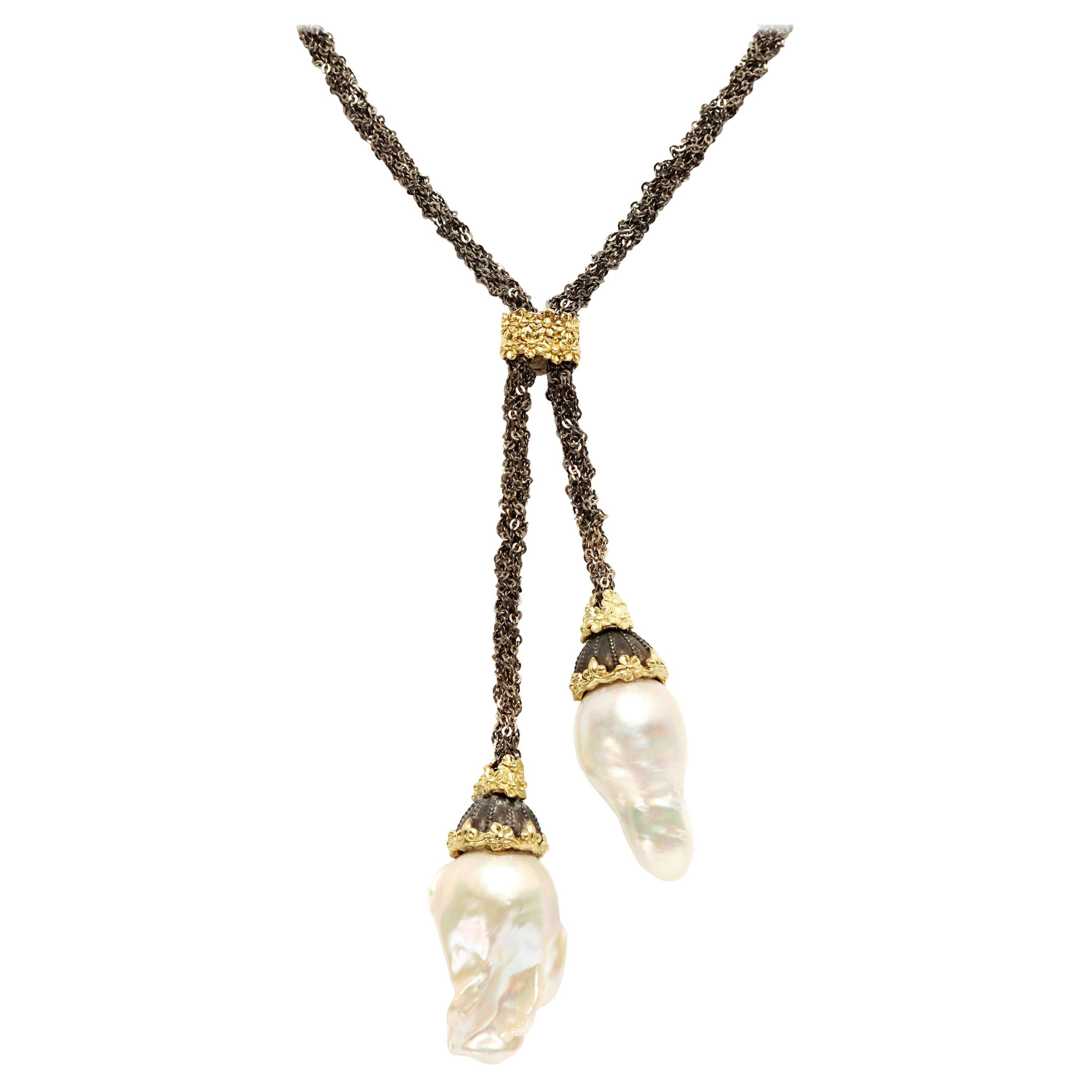Darkened Silver and Gold Lariat Necklace with Baroque Pearl Drops Stambolian