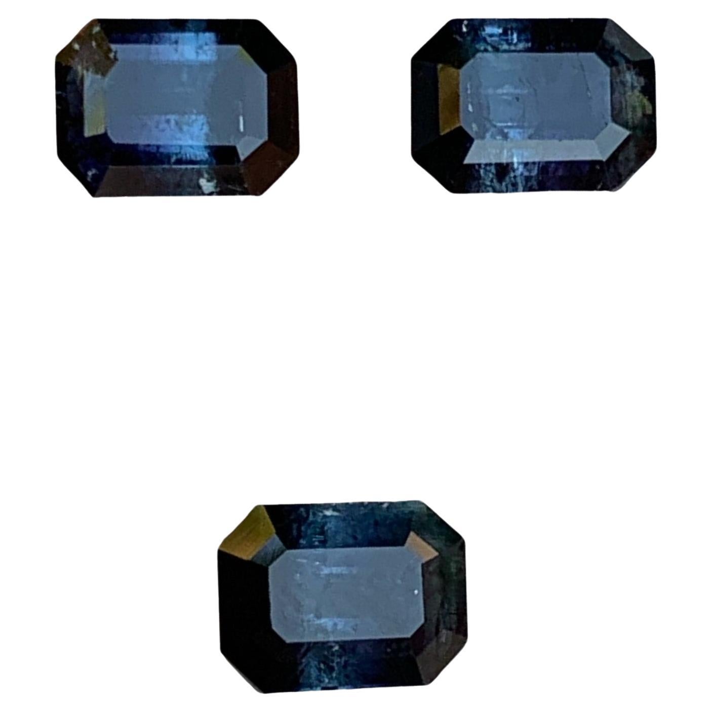 Darkish Black-Blue Bicolor Natural Tourmaline Gemstones Set 4.90 Ct Emerald Cut