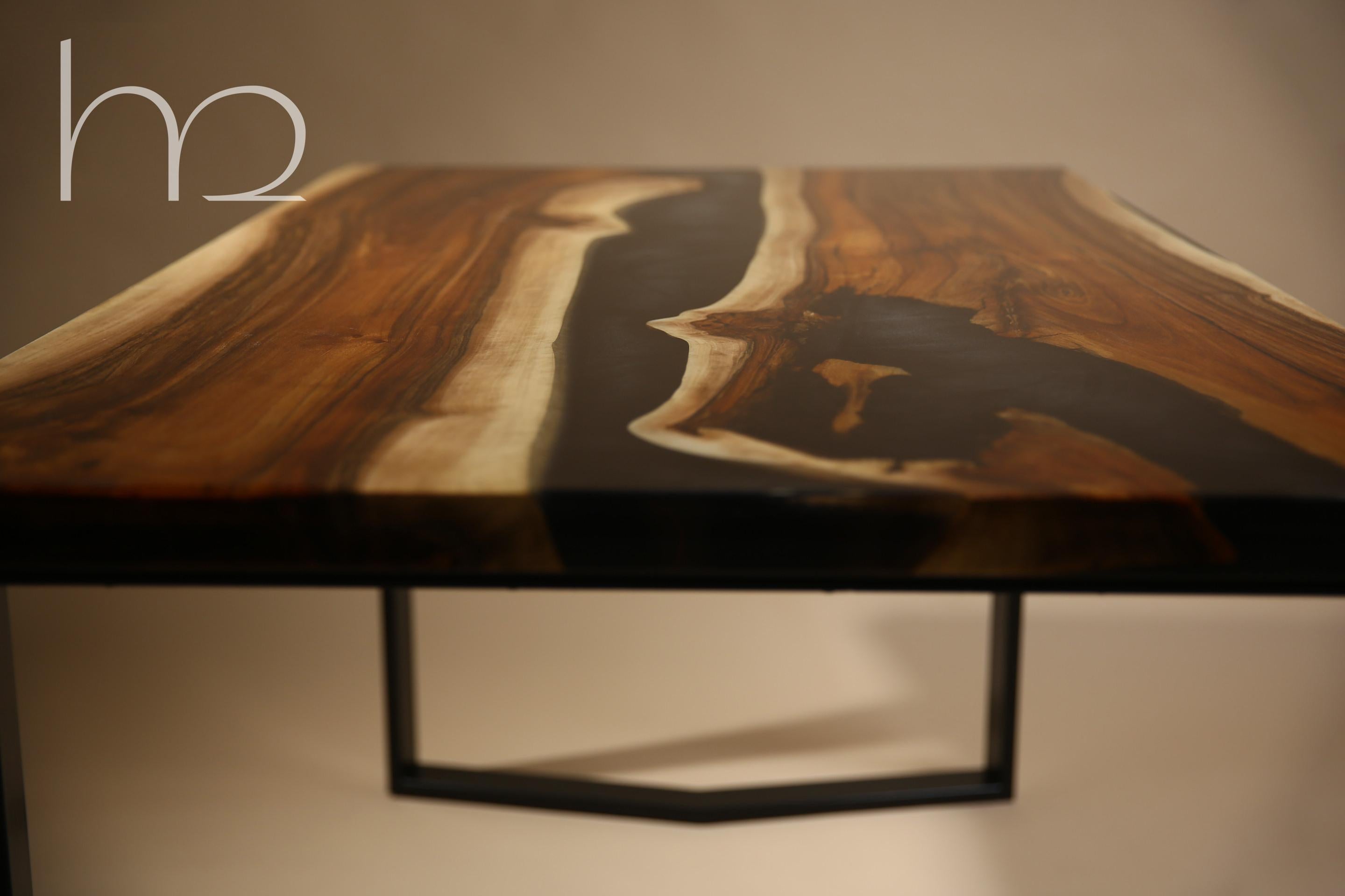European Darkness before Dawn Ancient Walnut Wood Live Edge Black Modern Dining Table  For Sale