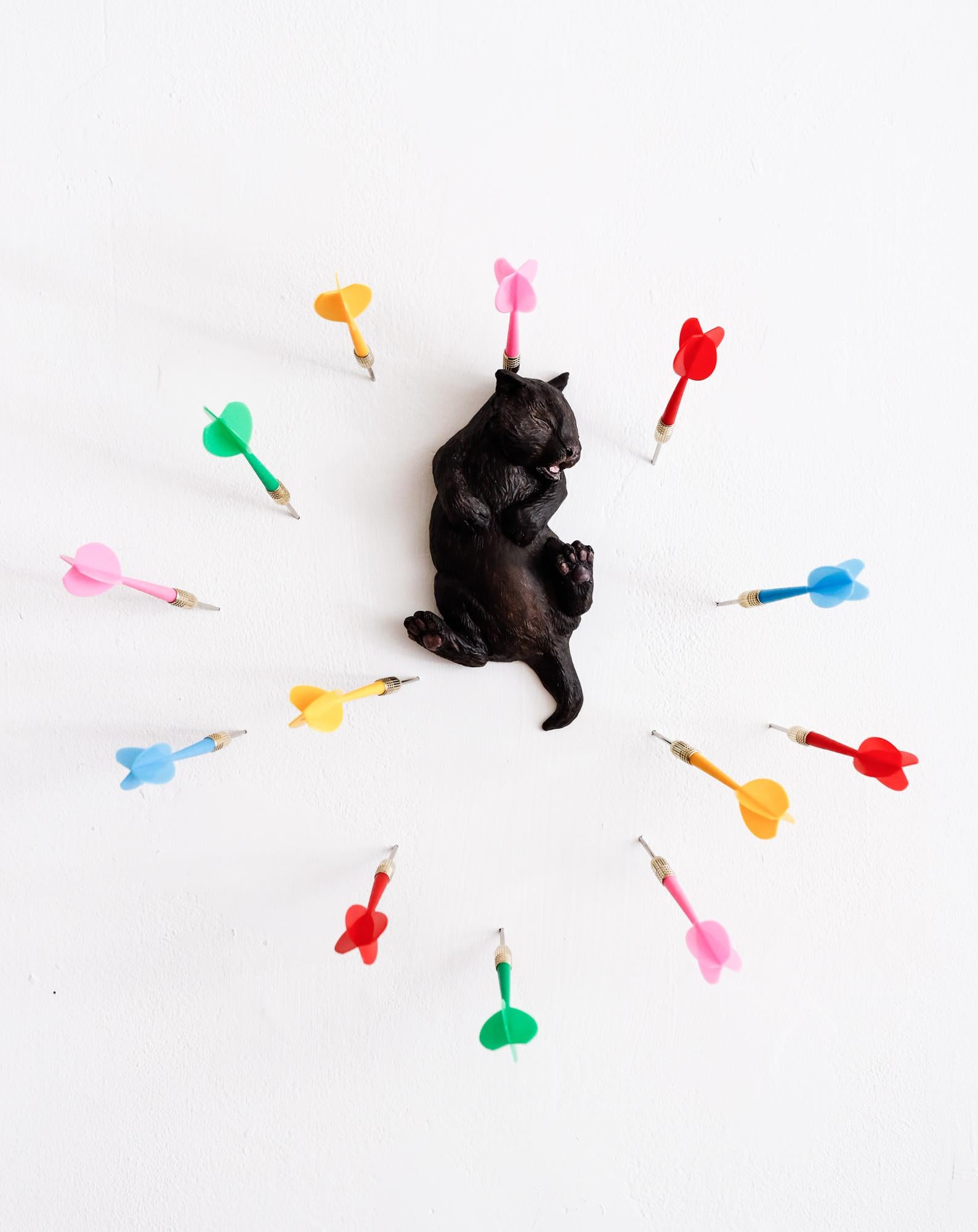 "Just My Luck..." Hyperrealistic kitten sculpture, throwing darts, wall-hanging