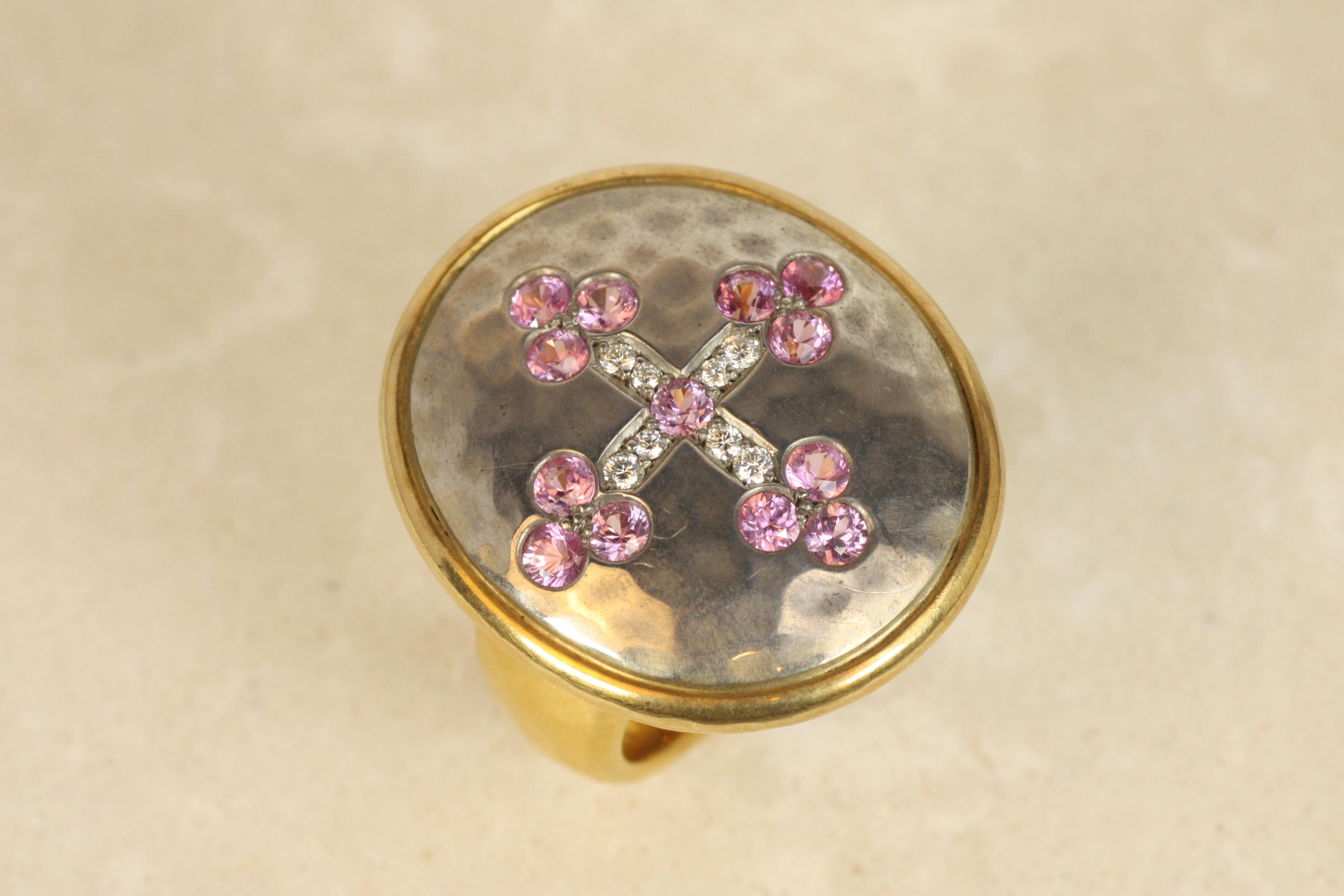 Artisan Darlene deSedle Medieval Cro Ring – Diamonds & Pink Sapphires 22K Gold & Silver For Sale