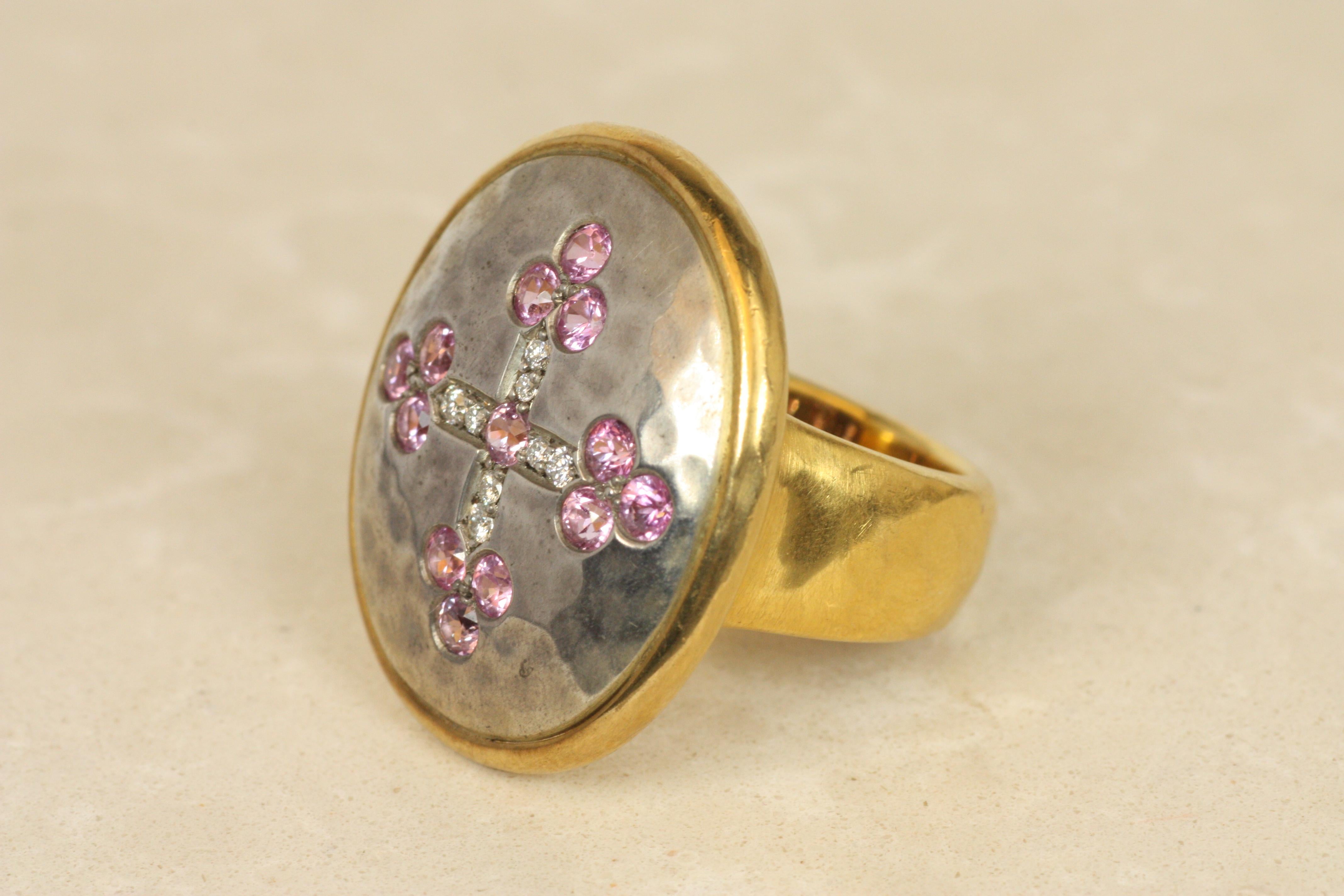 Round Cut Darlene deSedle Medieval Cro Ring – Diamonds & Pink Sapphires 22K Gold & Silver For Sale