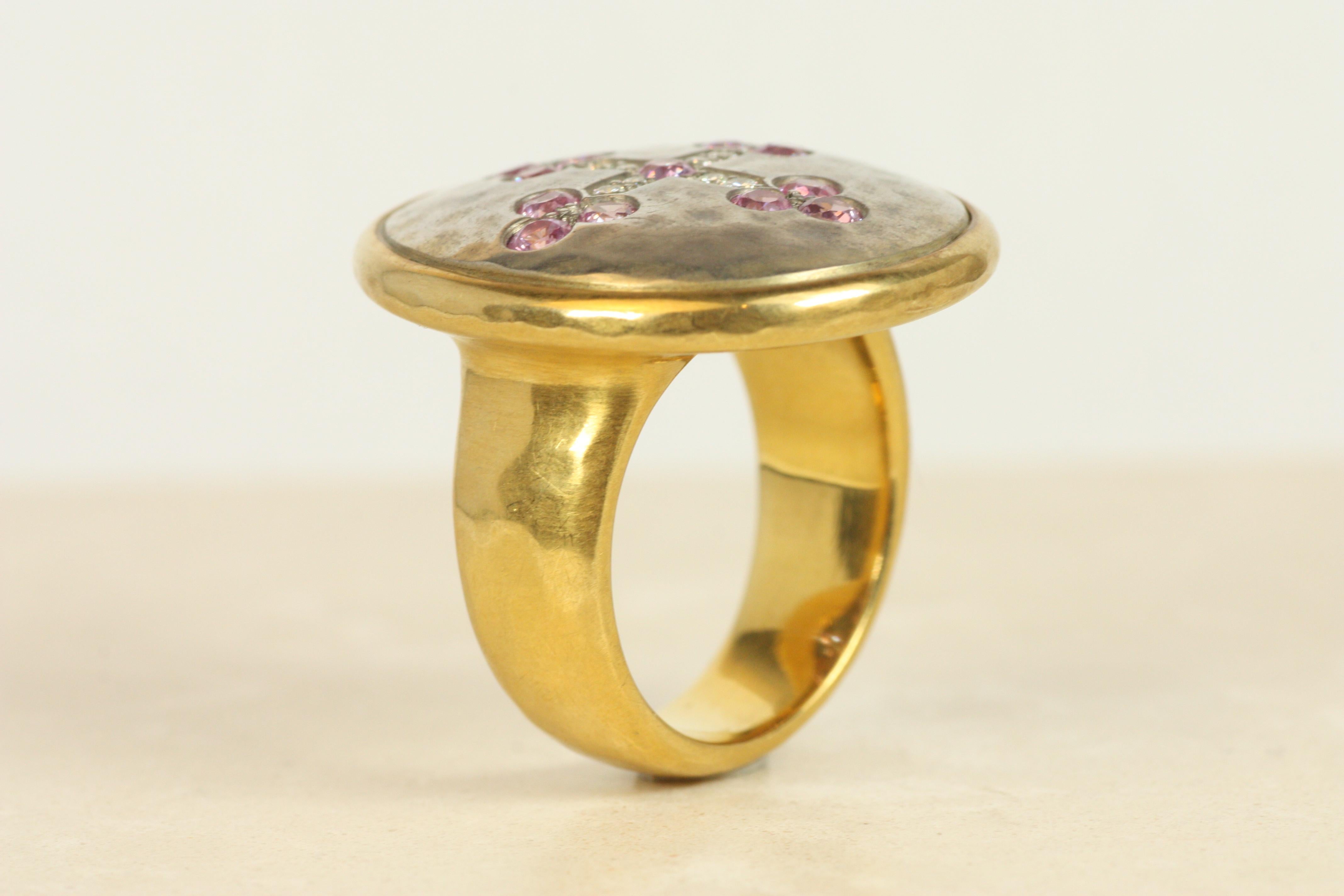 Darlene deSedle Medieval Cro Ring – Diamonds & Pink Sapphires 22K Gold & Silver In New Condition For Sale In Santa Monica, CA