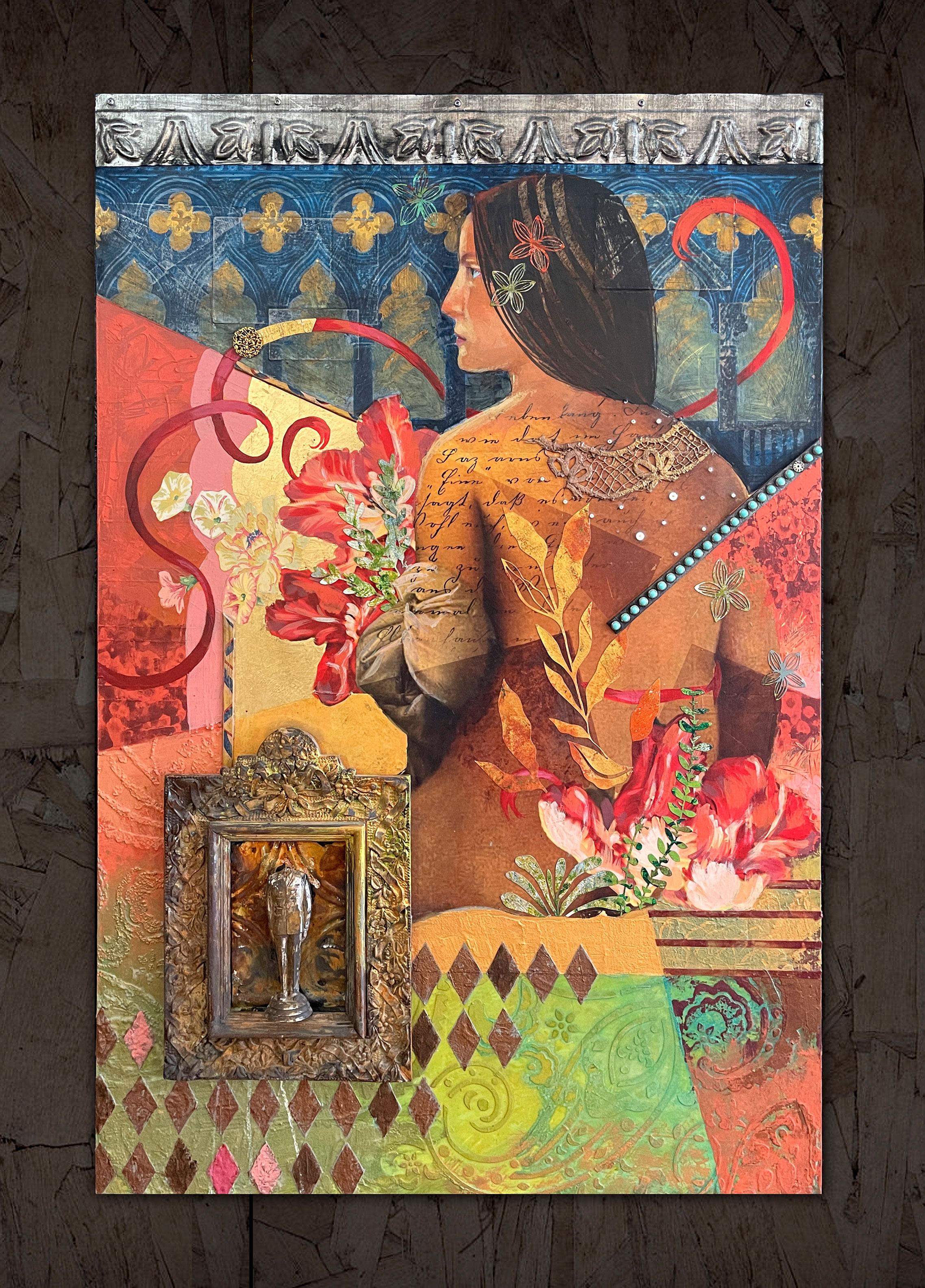 <p>Artist Comments<br>This mixed-media artwork depicts a woman holding a bouquet of beautiful flowers, pondering the mystery of its sender. Was it the musician, the chef at her favorite restaurant, or the French man she met at the wine shop? Artist