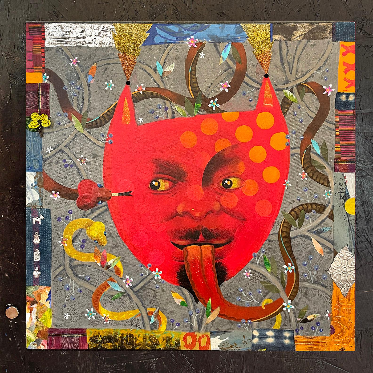 <p>Artist Comments<br />A vivid red face stares intently, its piercing eyes fixed on a snake that doubles as its tongue. Swirling vines and delicate flowers bring an element of whimsy to the surreal composition. Artist Darlene McElroy reflects on
