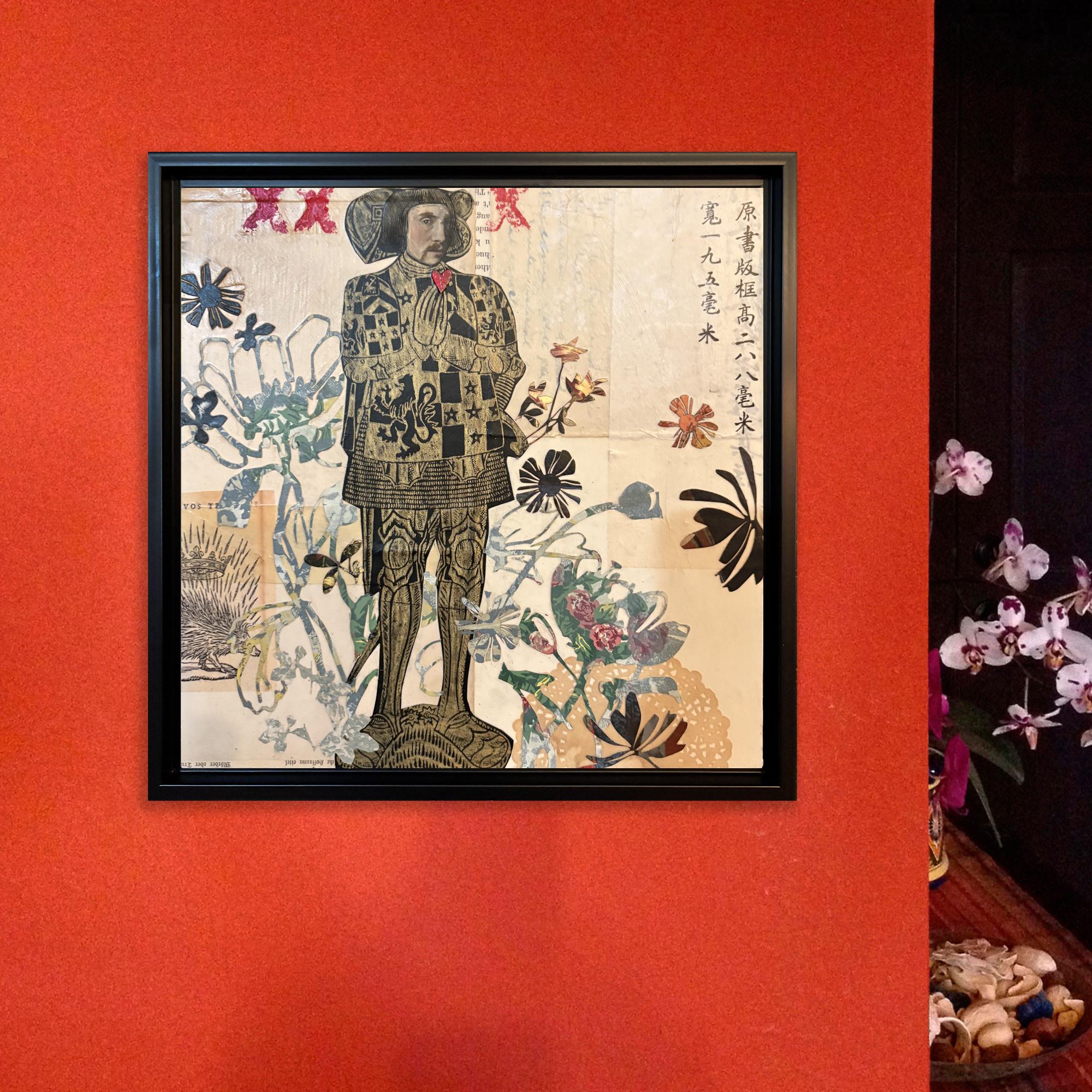 <p>Commenti dell'artista<br>Un cavaliere medievale si trova al centro della composizione, con le mani giunte sotto un cuore. Carte vintage, ritagli floreali e scritte asiatiche creano uno sfondo nostalgico. Questo collage trasmette l'idea di amore e