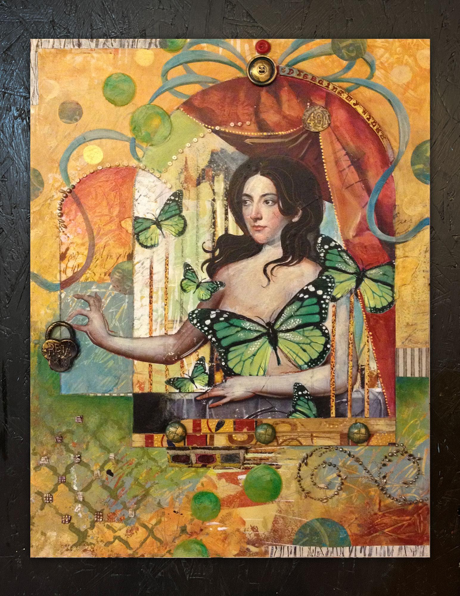 <p>Artist Comments<br>Darlene McElroy creates a nude portrait of a woman with emerald butterflies concealing her body. Framed within an ornate window, she reaches delicately for a golden lock. 