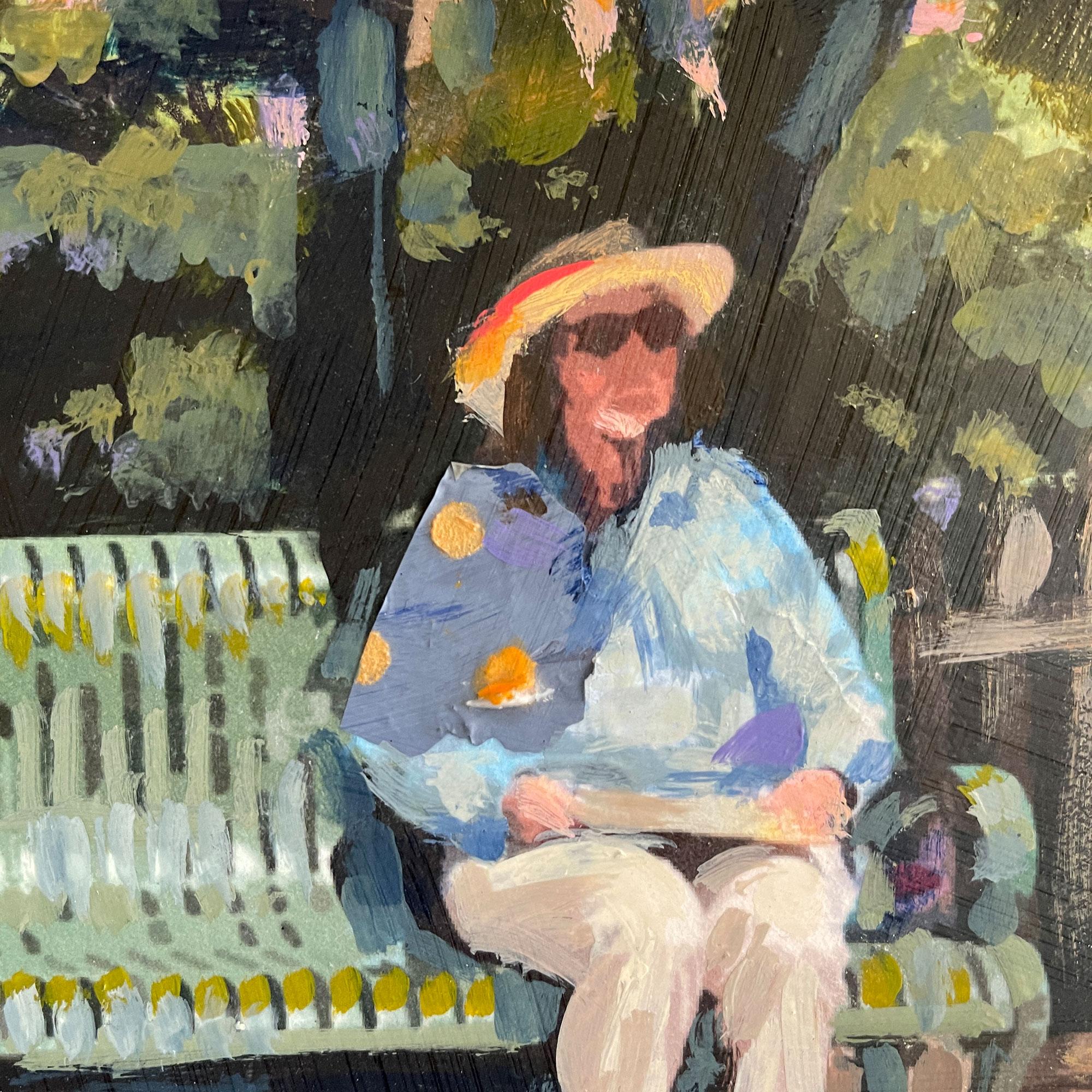 <p>Artist Comments<br>Artist Darlene McElroy paints an impressionist portrait of a woman in a straw hat. The subject reads a book on a wrought iron park bench as her four-legged companion rests by her feet. Surrounded by the flourishing foliage of