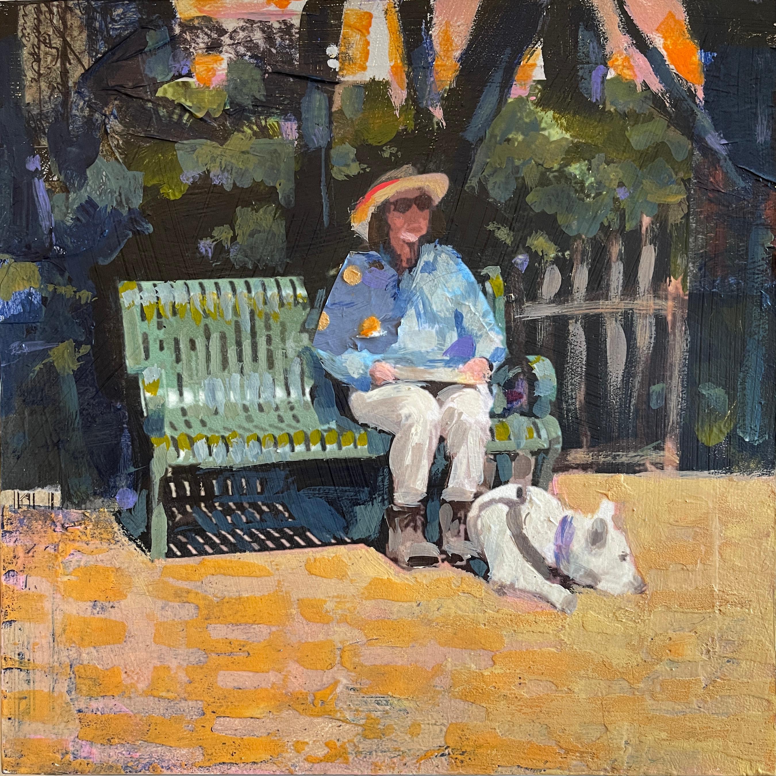 Pause de repos dans les jardins, peinture originale