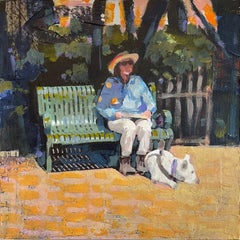 Pause de repos dans les jardins, peinture originale