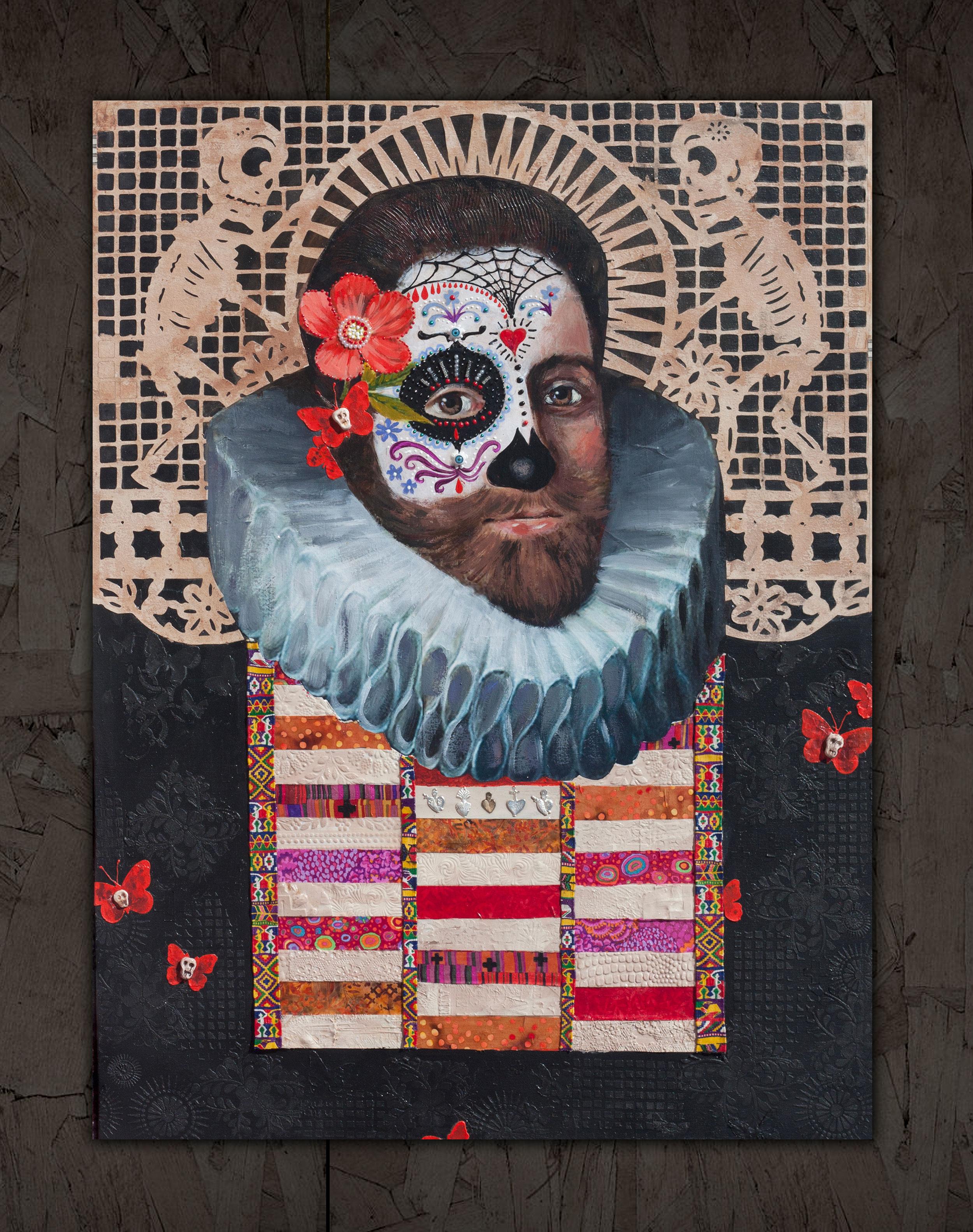 <p>Kommentare der Künstlerin<br>Die Künstlerin Darlene McElroy hat ein kompliziertes und unterhaltsames Mixed-Media-Porträt mit Anspielungen auf mexikanische Motive zum Tag der Toten und auf die Kunst der Renaissance geschaffen: 