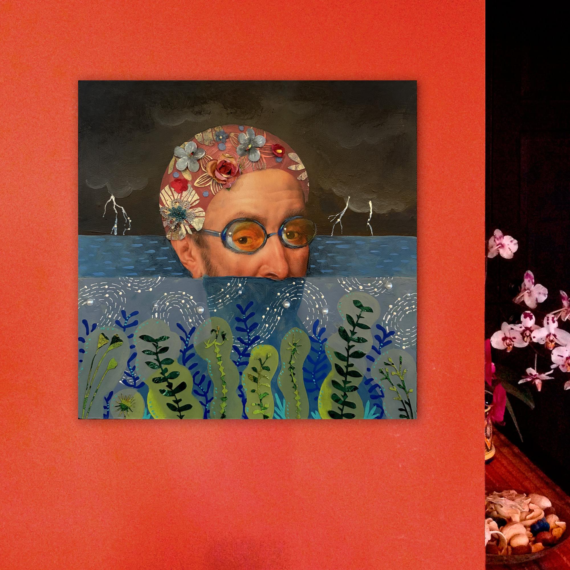 <p>Artist Comments<br />A man wearing a floral swimming cap emerges from the water, embodying the joy of a serene swim. Artist Darlene McElroy describes the magic of dipping into the warm sea, where effervescence glows with every movement. Seaweed
