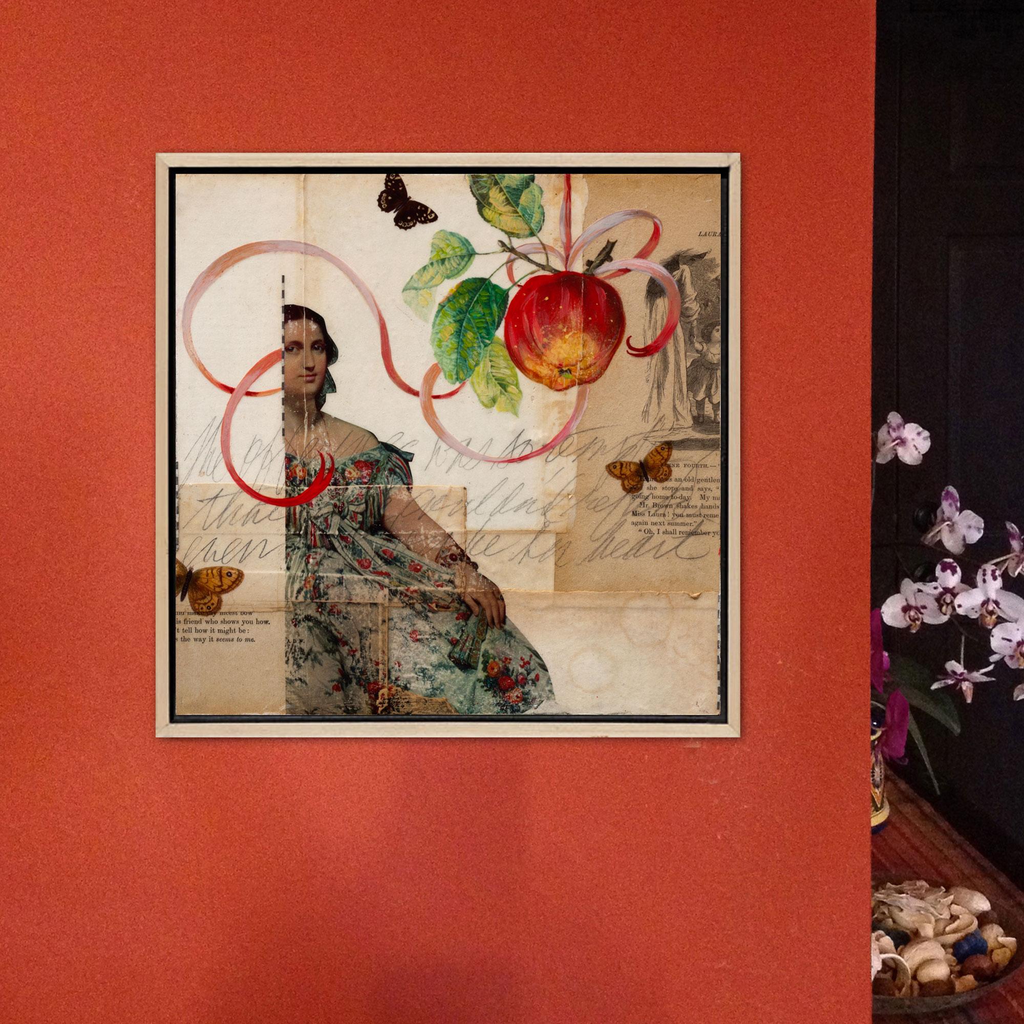 <p>Kommentare der Künstlerin<br>Die Künstlerin Darlene McElroy zeigt eine zeitgenössische Collage aus alten Ephemera. Sie setzt das Bild einer Dame mit Schmetterlingen auf und malt einen saftigen Apfel, der an einem Band hängt. 