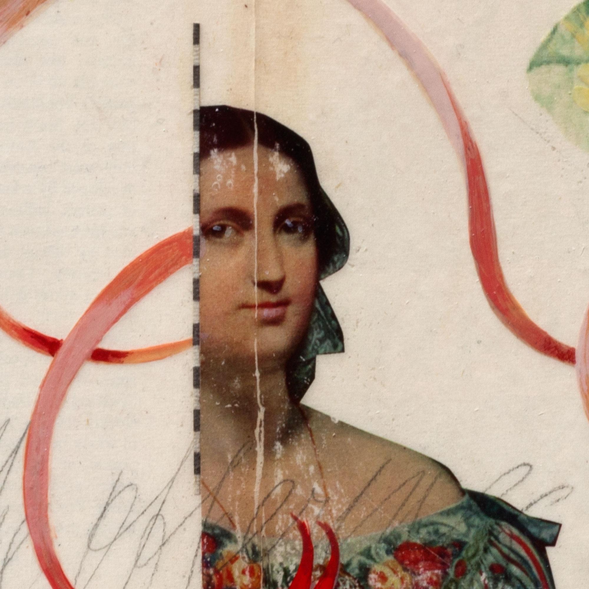 <p>Artist Comments<br>Artist Darlene McElroy demonstrates a contemporary collage of vintage ephemera. She imposes the image of a lady with butterflies and paints a luscious apple hanging from a ribbon. 