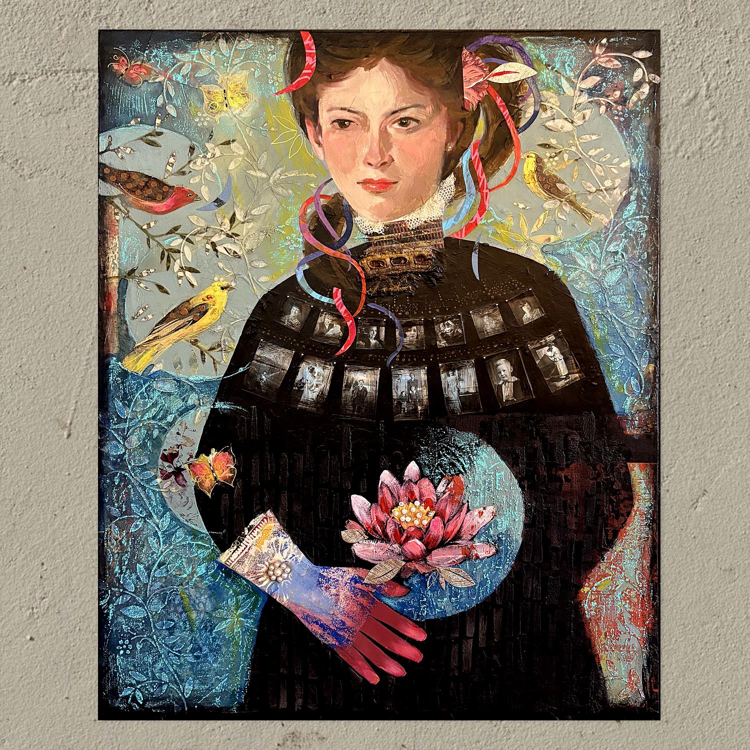 <p>Artist Comments<br />Symbolic imagery surrounds a poised woman, exploring themes of memory and identity. Photographs adorn her black dress, while birds and botanical elements bring life to her space. Artist Darlene McElroy explains that our DNA,