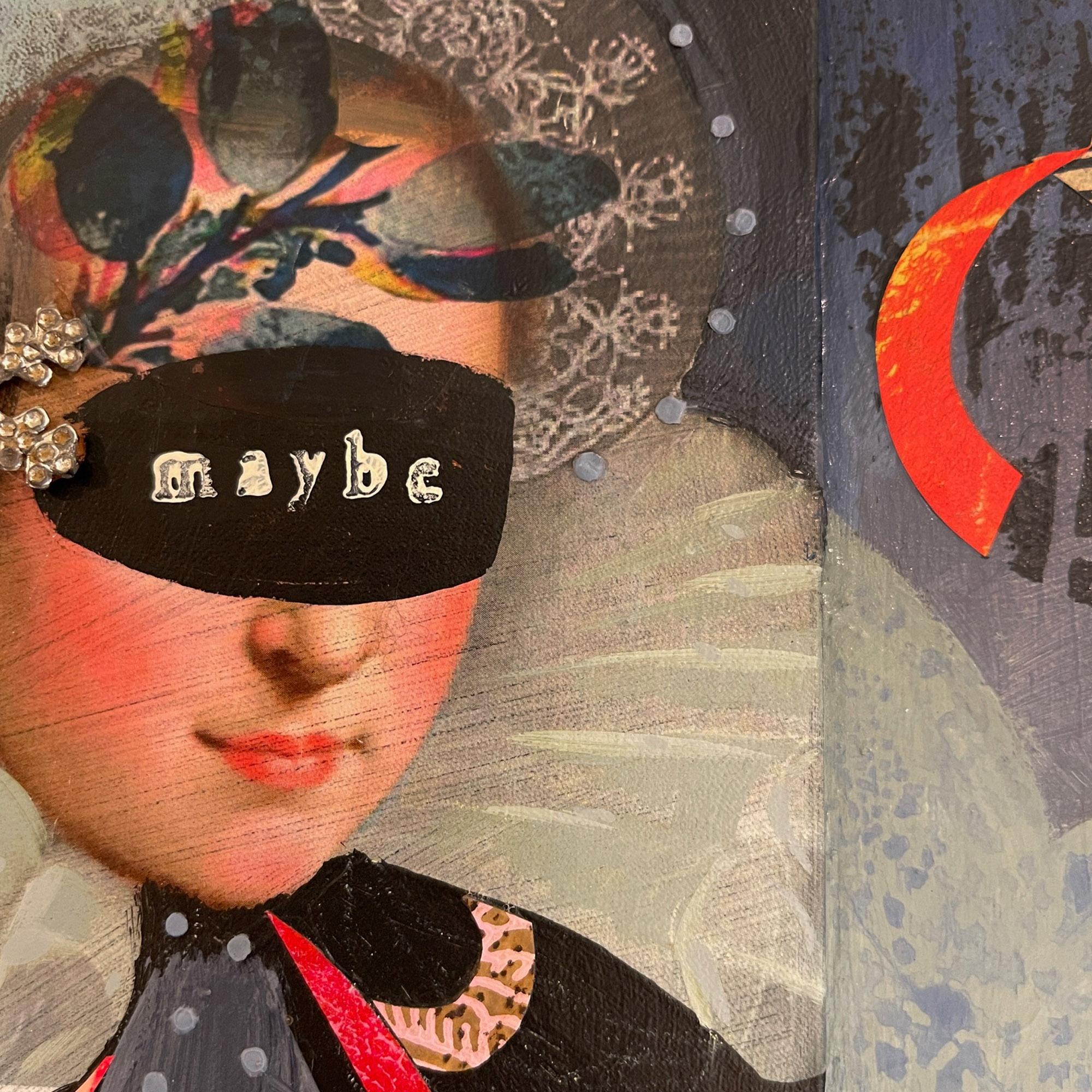 <p>Artist Comments<br />A woman in ornate period clothing wears a blindfold. Vibrant ribbons twist and swirl around her, contrasting with the neutral-toned background. Her heart, prominently displayed, appears textured and earthy. Intricate details