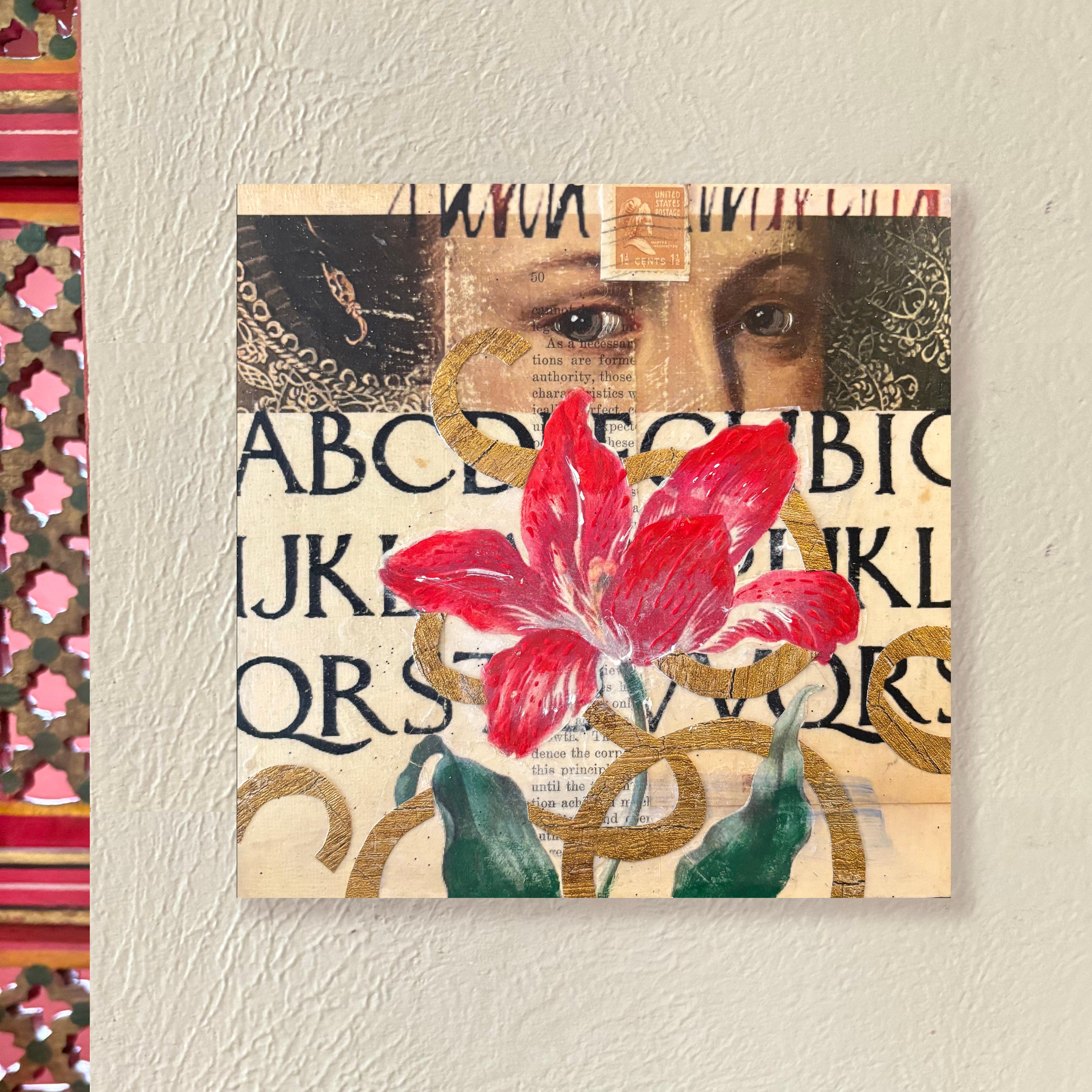 <p>Commenti dell'artista<br>Fiori e lettere nascondono il volto di una donna, rivelando solo i suoi occhi. Carte ritagliate ed ephemera aggiungono consistenza e uno strato di narrazione alla composizione. In questa opera a tecnica mista, l'artista