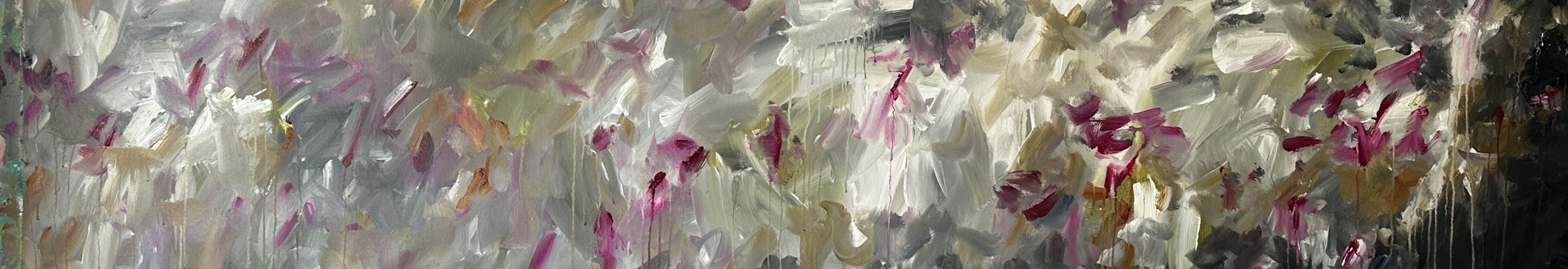   "AS IF PETALS DANCE"    The newest original artwork draws inspiration from the untamed beauty of wildflower gardens. The gentle, subdued hues juxtaposed with the vibrant burst of magenta evoke a reminiscent feeling reminiscent of Monet's artistic