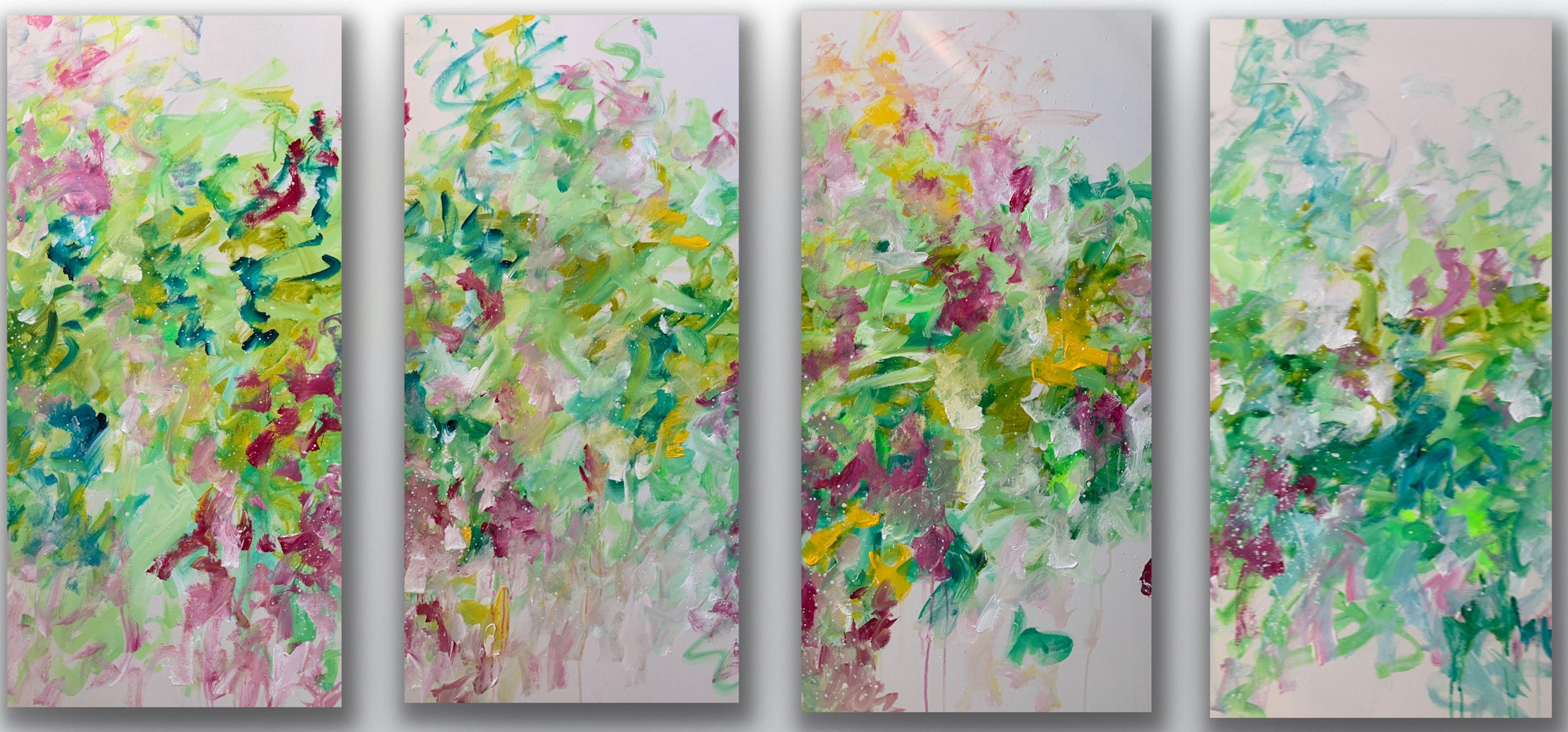 Inspiration was drawn from Summer garden spaces and Joan Mitchell's brushstrokes.     This artist's first quadtych and hopefully the first of many more gives the illusion of being right in the garden.   Each canvas is 24"x 48" so the total width