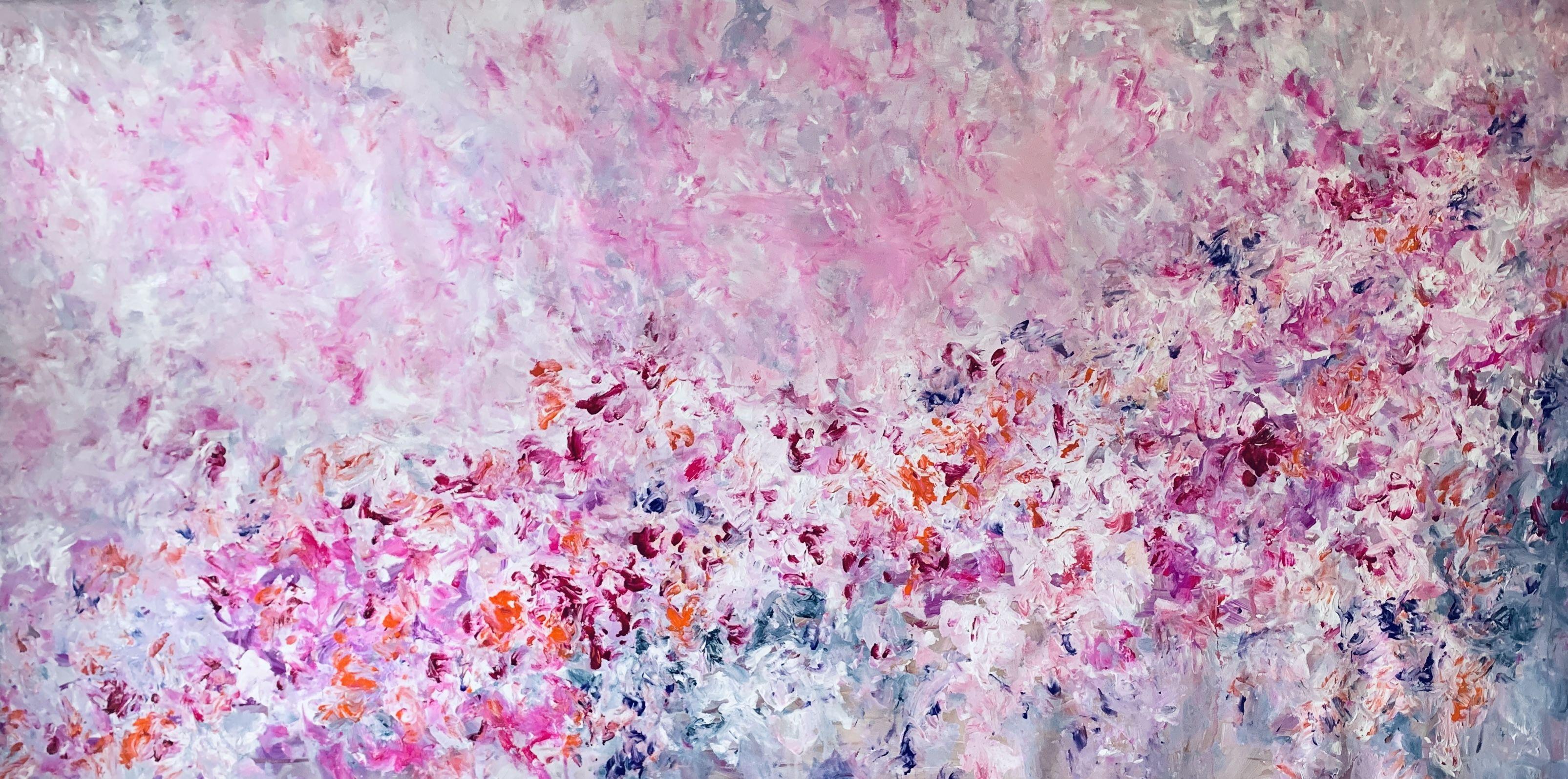 "Raw Sunset"    Slightly textured acrylic pink, purple, violet with flecks of gold, bronze,  orange, white and blue in an abstraction of the glorious sunsets near the artist's home. The sunsets light the sky with the most gorgeous tints of pink and