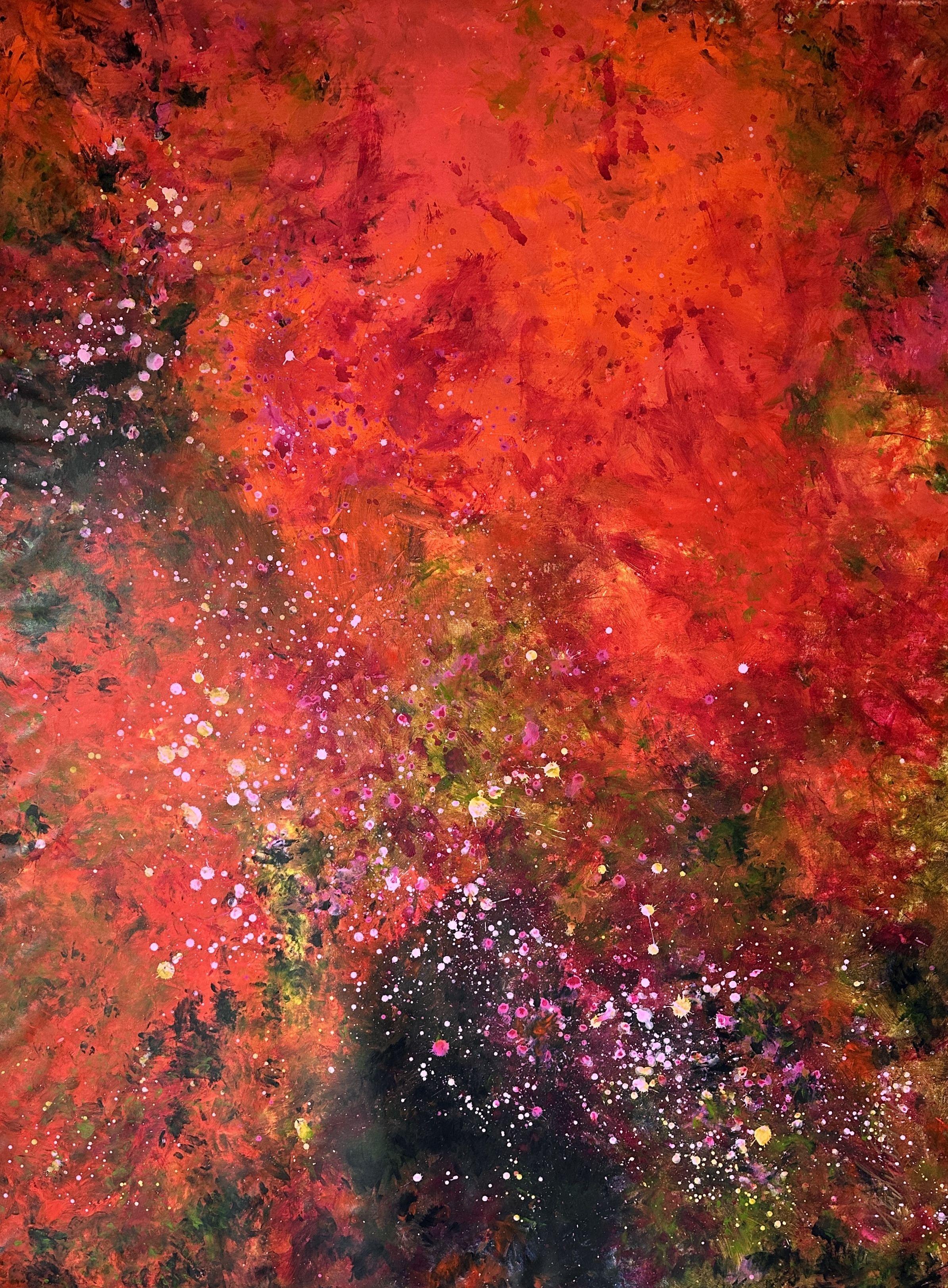 "STARBURST"     A large acrylic abstract measuring 80"x 60" is being completed in the studio.   Layers of vibrant orange, red and yellow have been added to intensify the bold, intense, brilliant, deep rich vivid focal point of any space.    Darlene