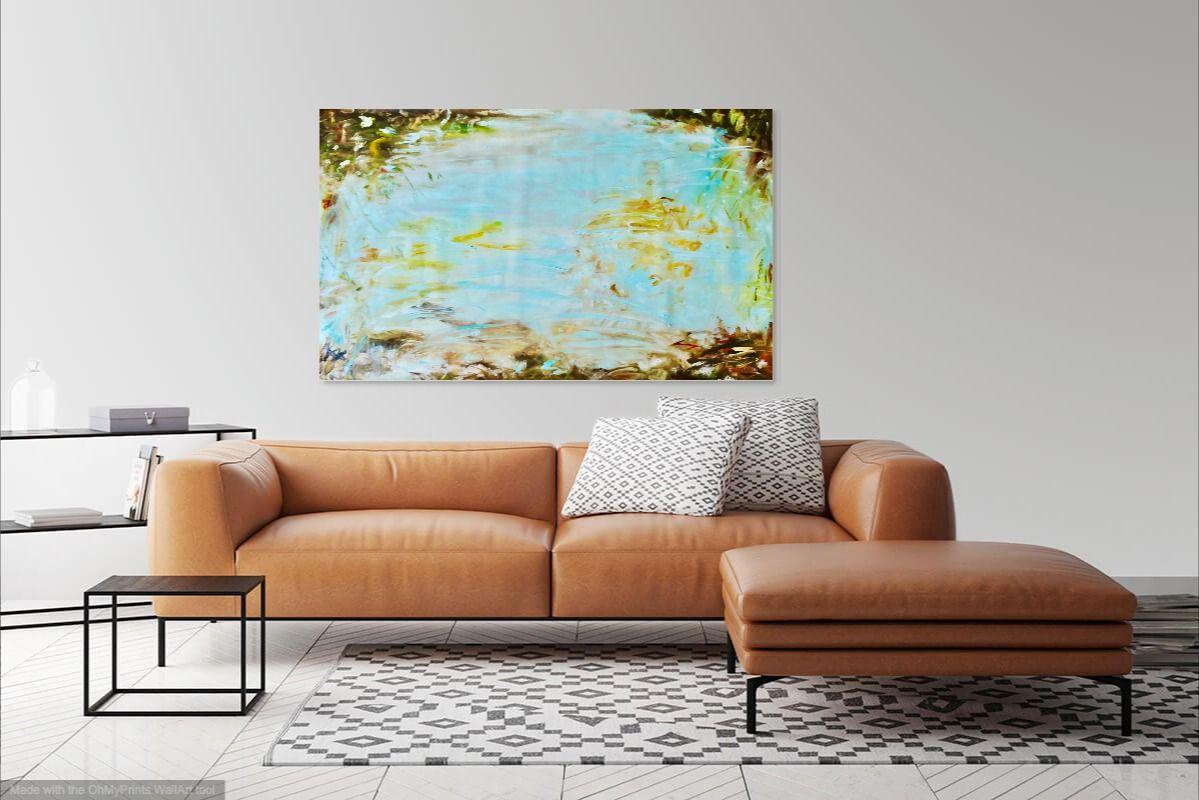 A softly rendered oil painting of a pond with a dreamy depiction of the water reflections.  This painting feels like water colours and water!  It is not intrusive, but simply there to add to the calm in your surroundings.  This artist has brush